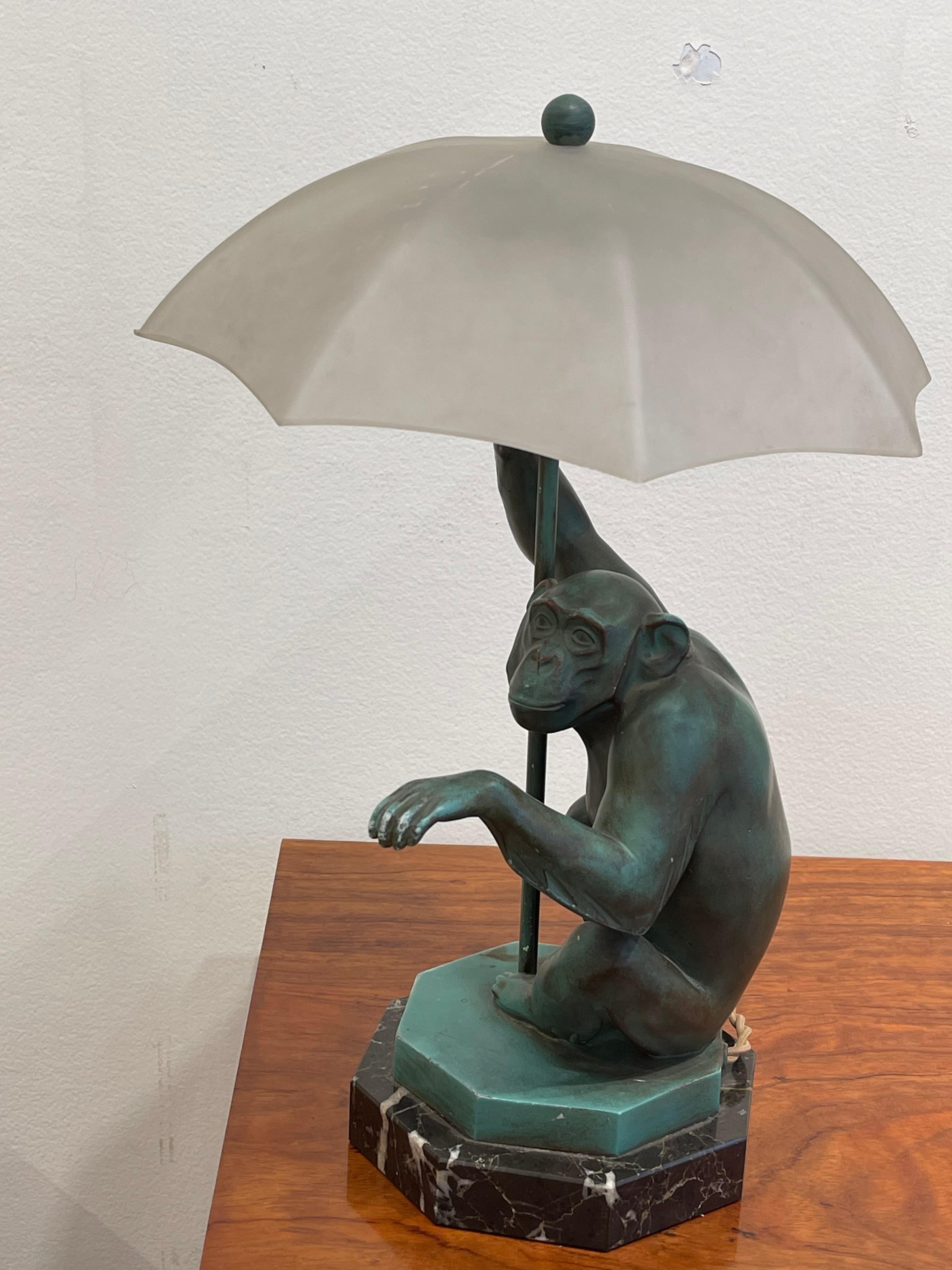 Exceptional Sculpture/Lamp of a Monkey with an Umbrella by Le Verrier, Art Deco For Sale 10