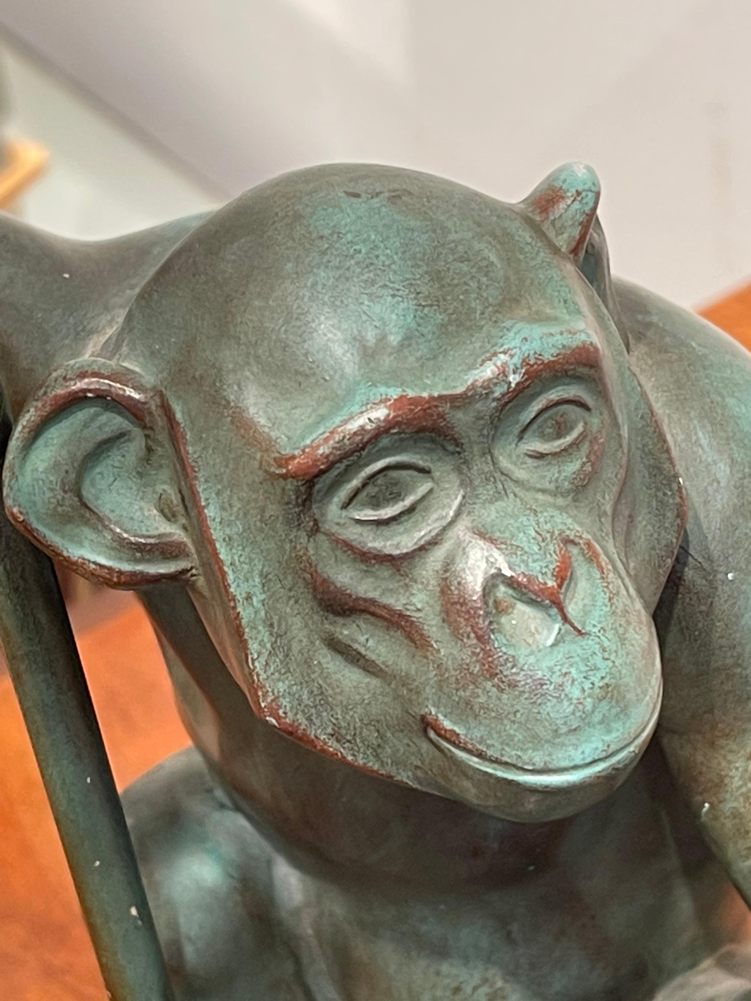 Mid-20th Century Exceptional Sculpture/Lamp of a Monkey with an Umbrella by Le Verrier, Art Deco For Sale