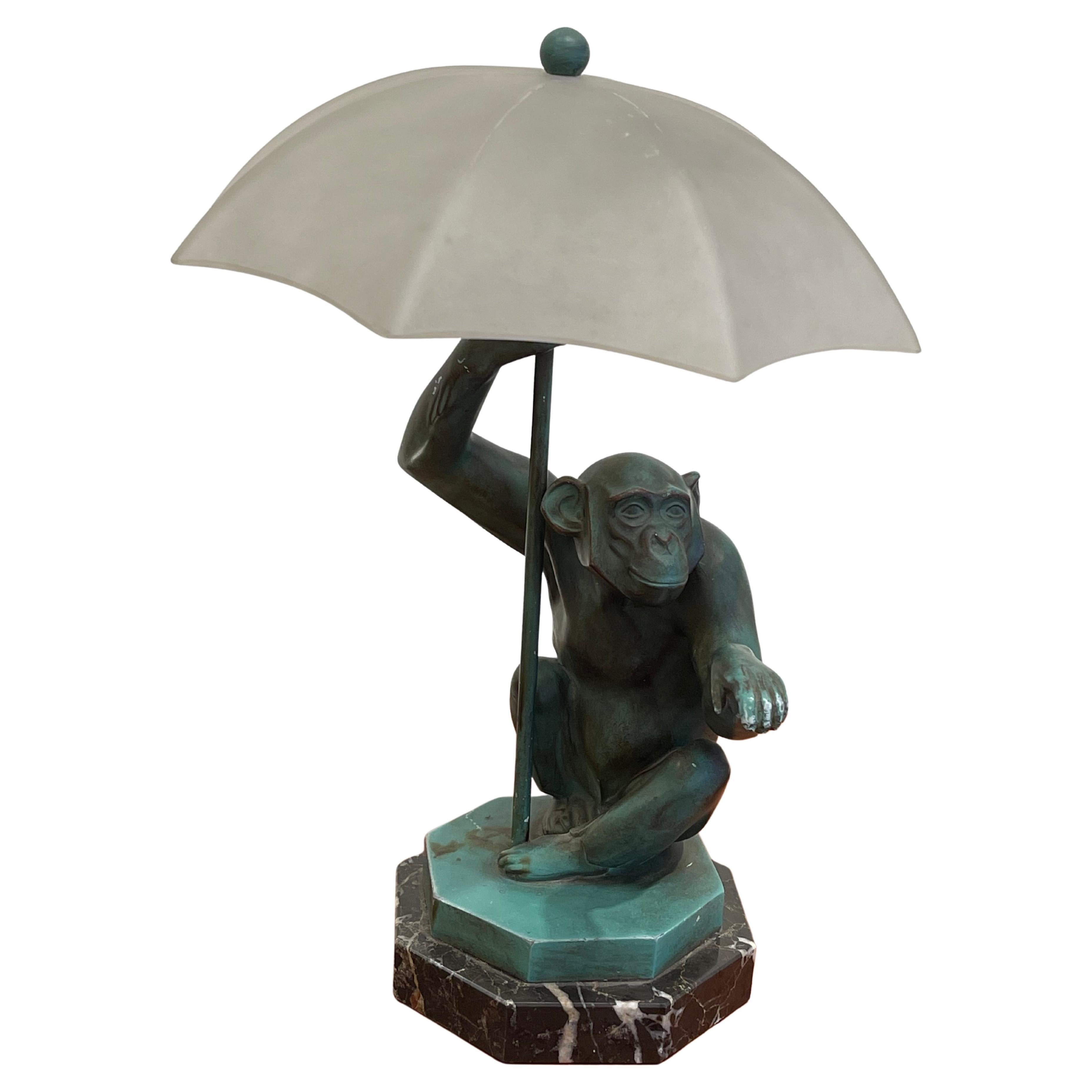 Exceptional Sculpture/Lamp of a Monkey with an Umbrella by Le Verrier, Art Deco