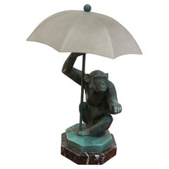 Retro Exceptional Sculpture/Lamp of a Monkey with an Umbrella by Le Verrier, Art Deco