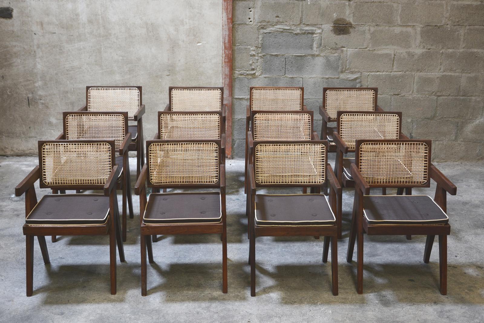 Indian Exceptional Set of 12 P. Jeanneret Floating Back Armchairs  For Sale