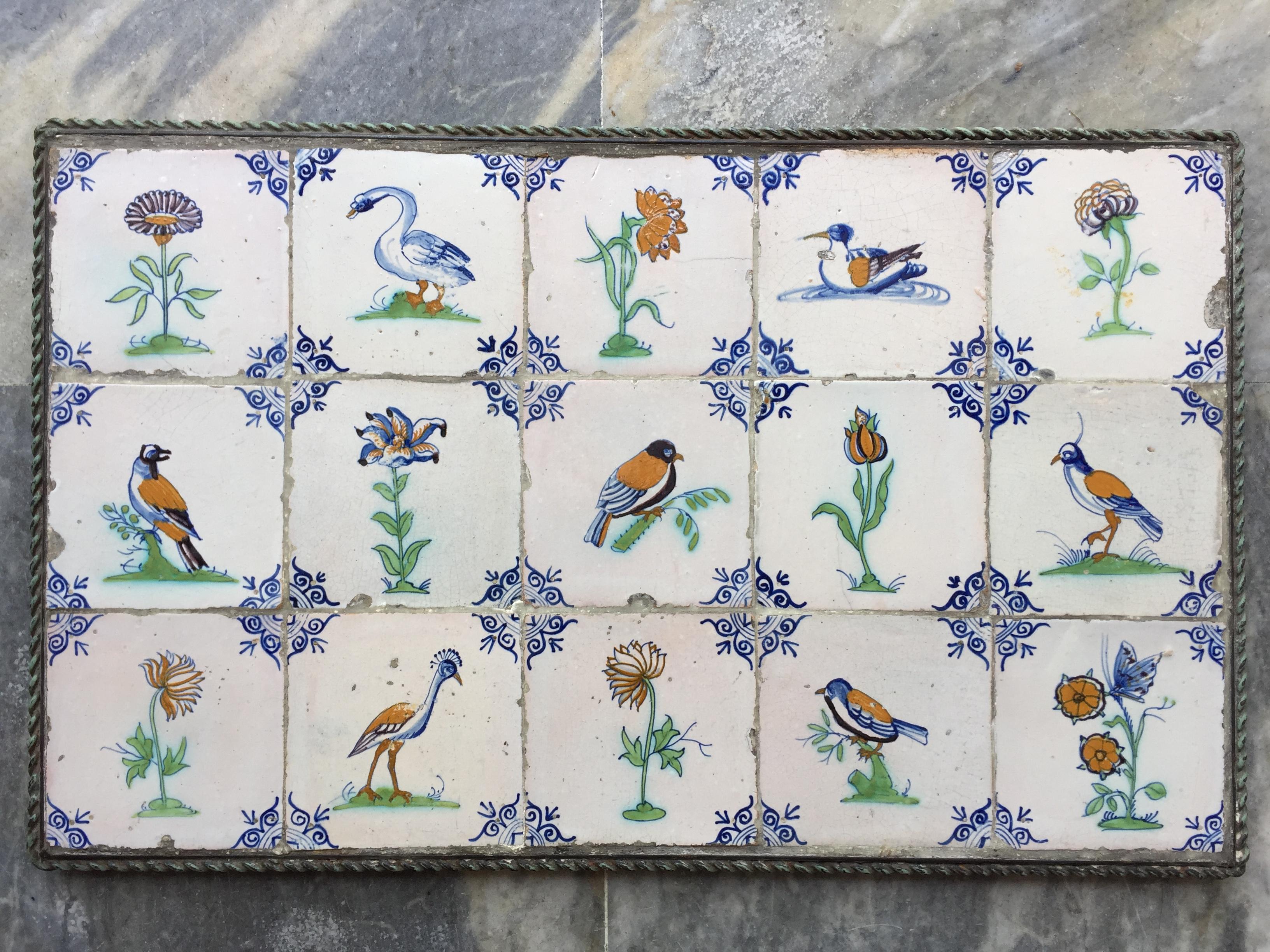 Glazed Exceptional Set of 15 Polychrome Dutch Delft Tiles with Birds an Flowers