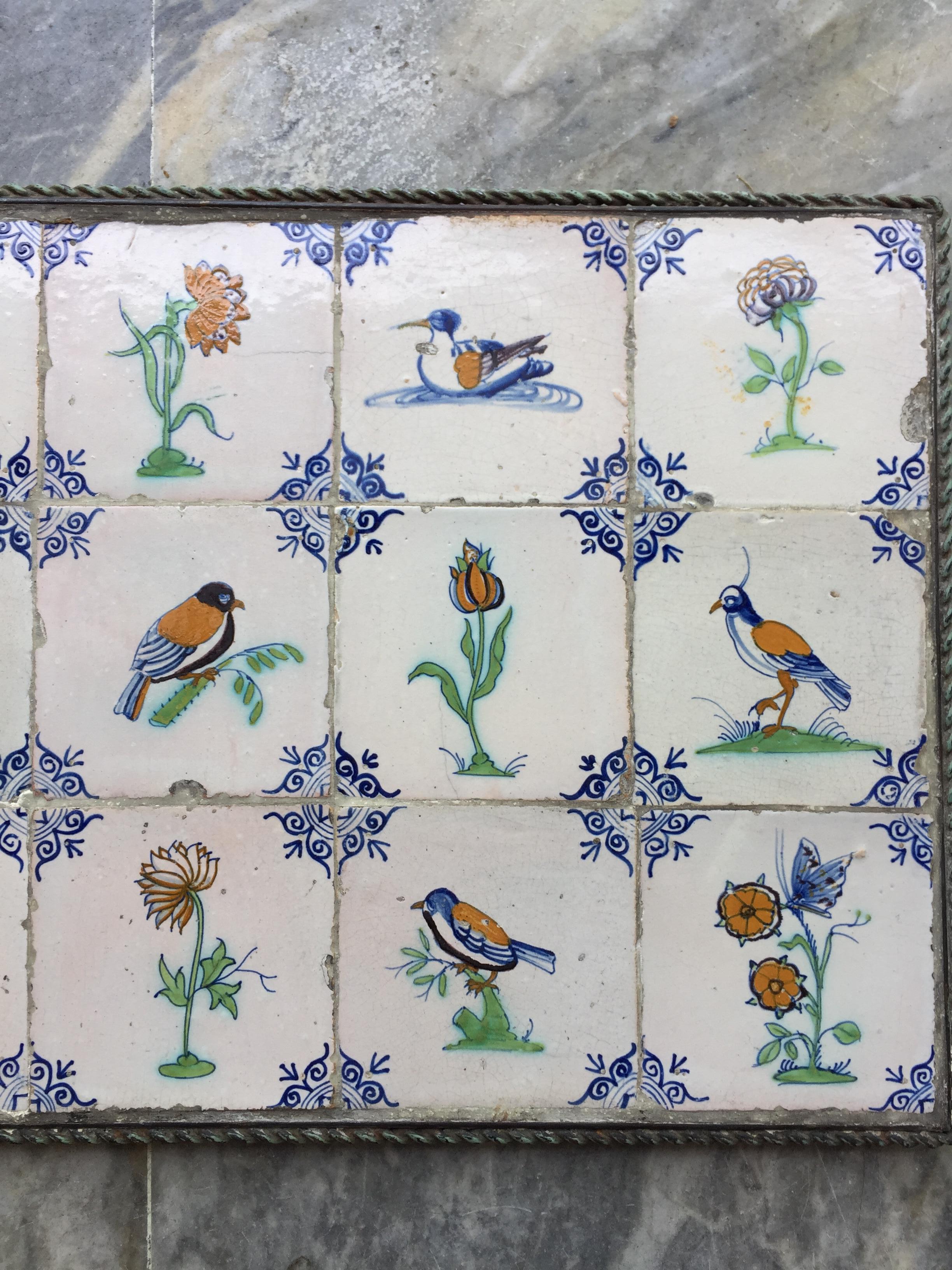 Glazed Exceptional Set of 15 Polychrome Dutch Delft Tiles with Birds an Flowers For Sale