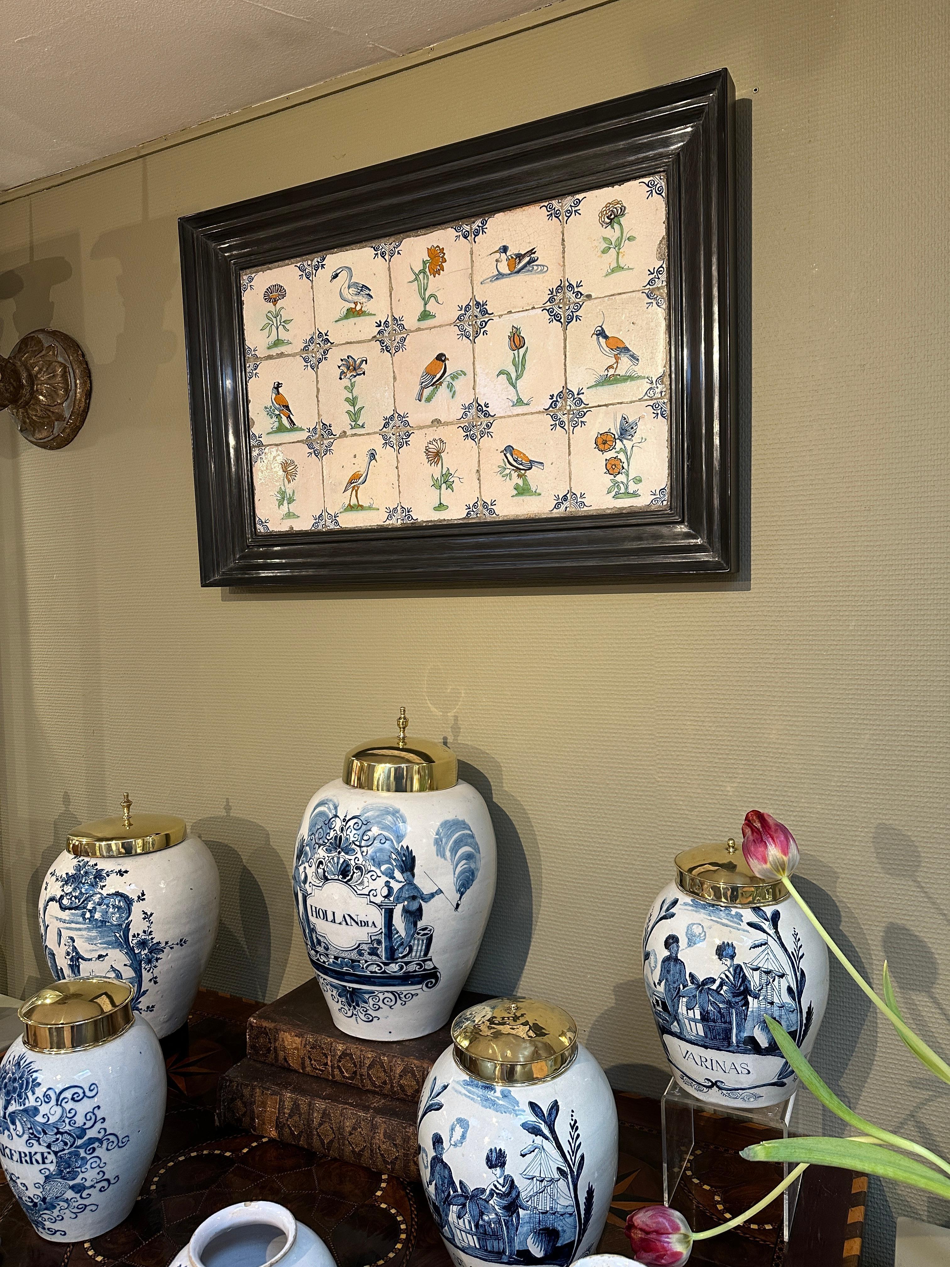 Exceptional Set of 15 Polychrome Dutch Delft Tiles with Birds an Flowers 1