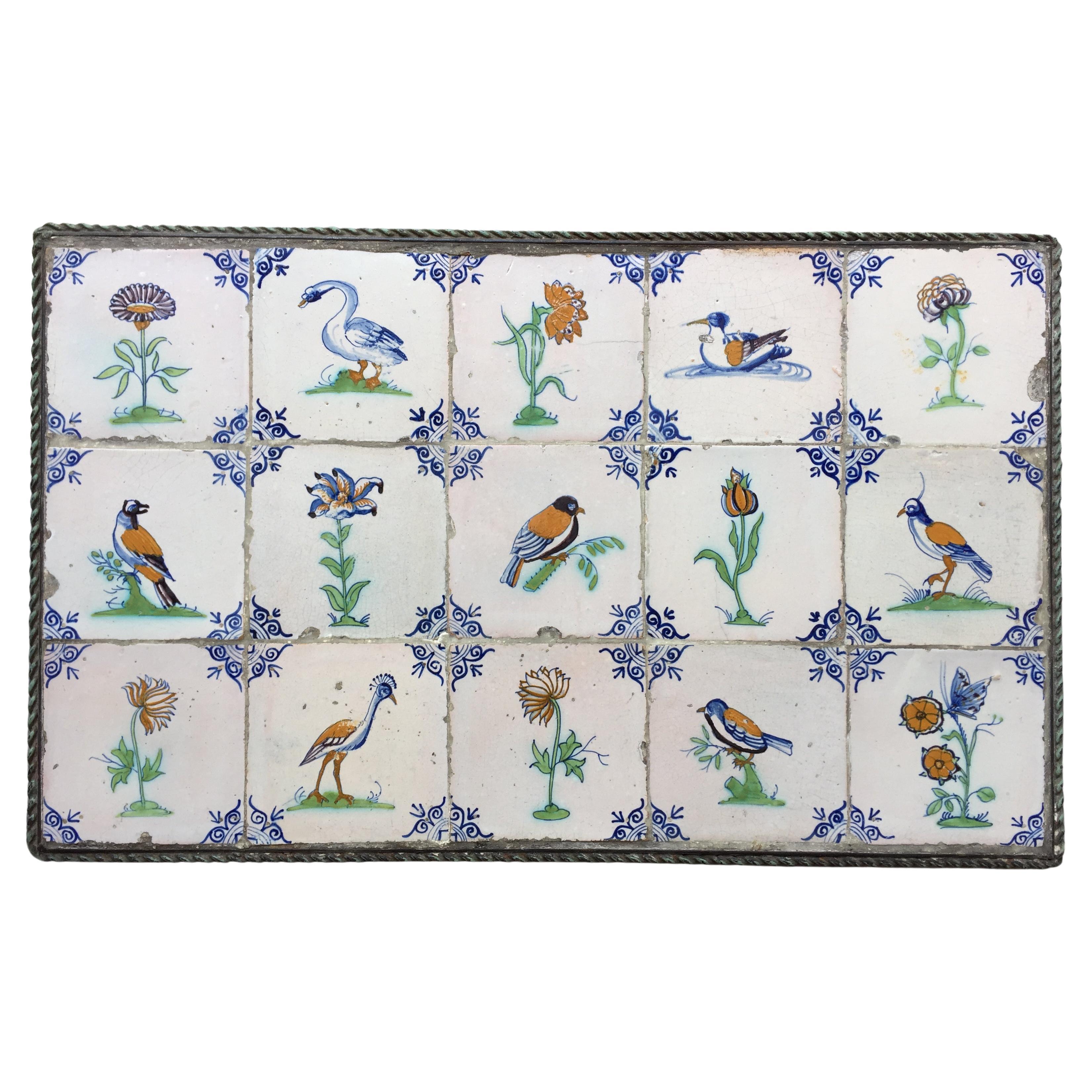 Exceptional Set of 15 Polychrome Dutch Delft Tiles with Birds an Flowers For Sale