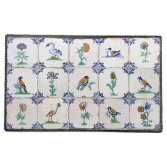 Antique Exceptional Set of 15 Polychrome Dutch Delft Tiles with Birds an Flowers