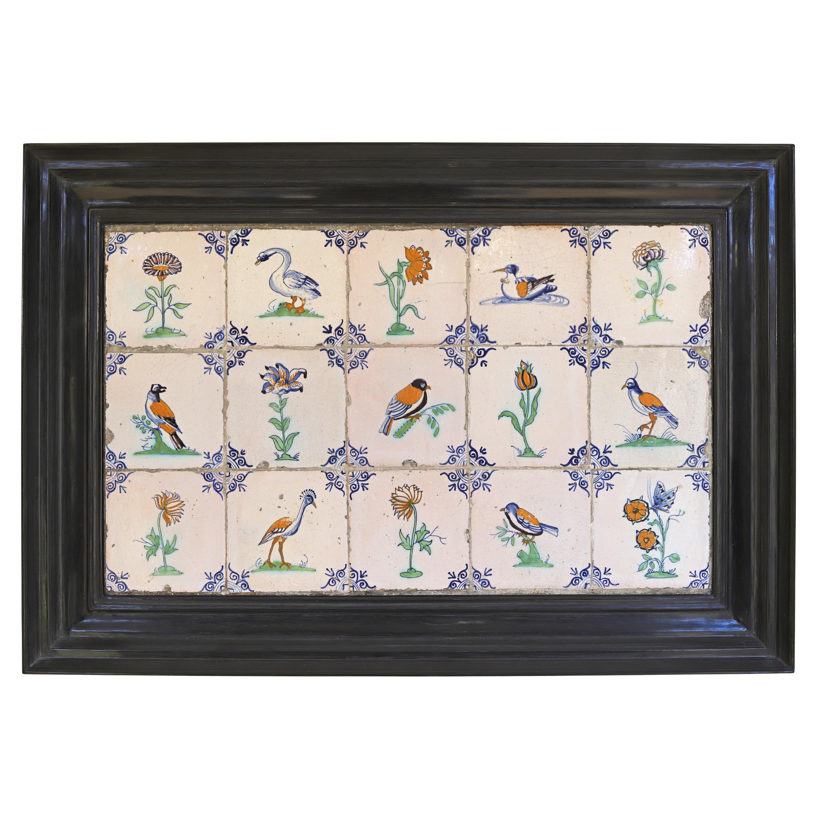 Exceptional Set of 15 Polychrome Dutch Delft Tiles with Birds an Flowers