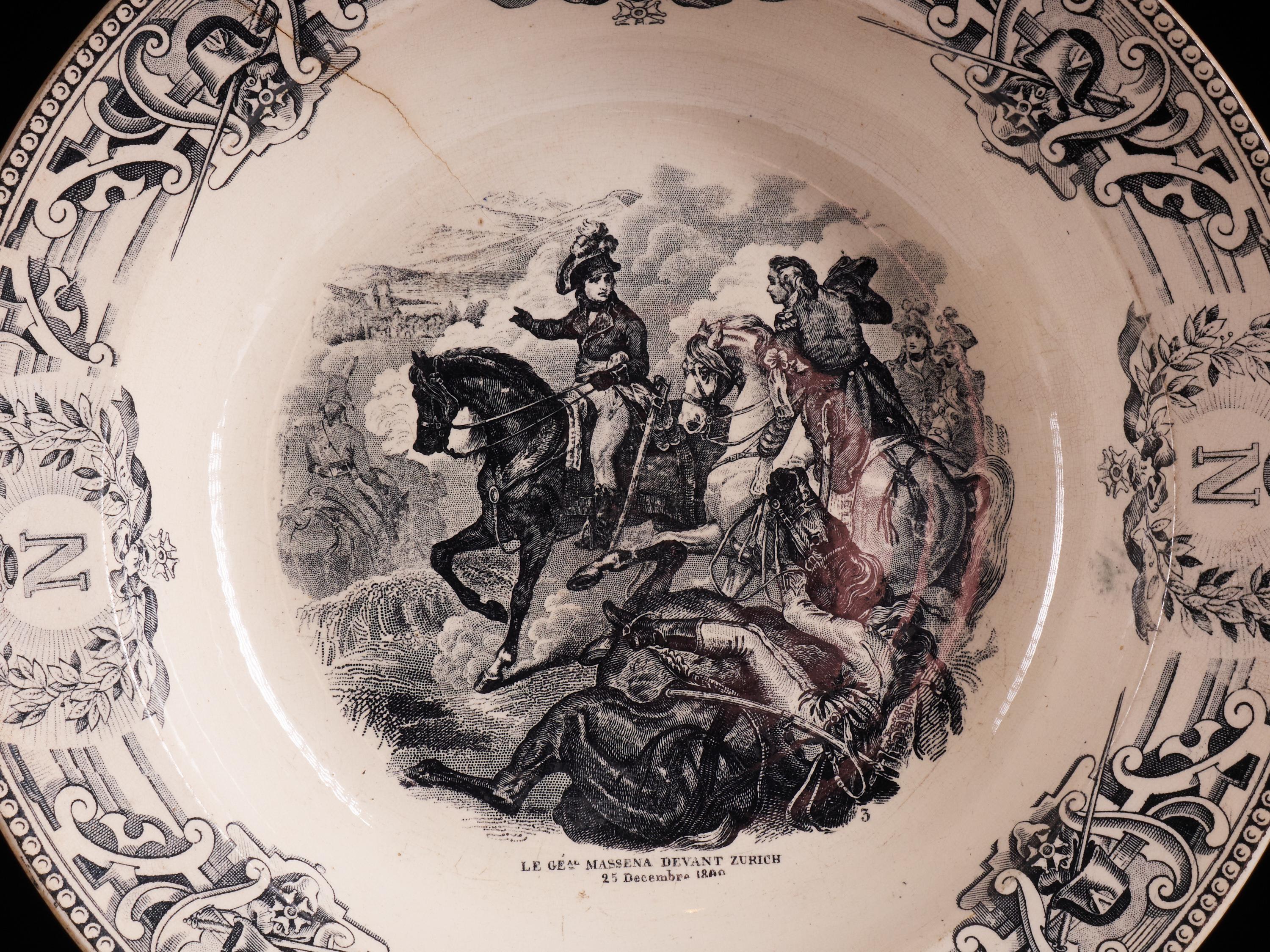 Belgian Exceptional Set of 1890s White Faïence Plates with Black Designs