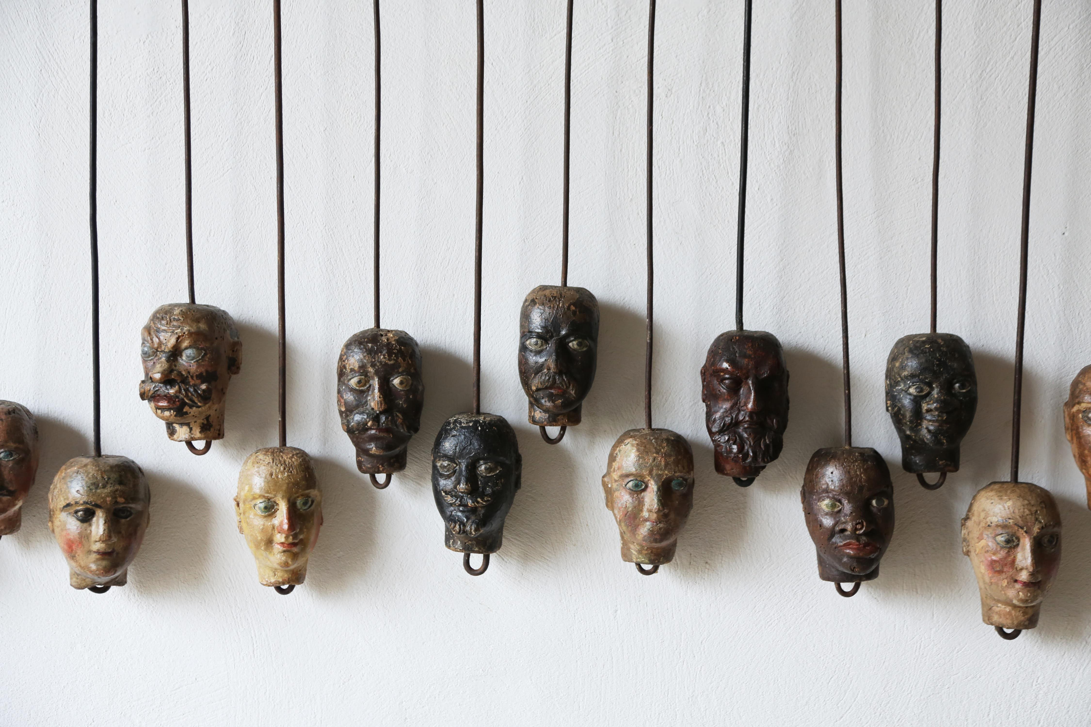 Metal Exceptional Set of 24 Unique Hand-crafted Marionette Heads, Italy, 19th Century For Sale