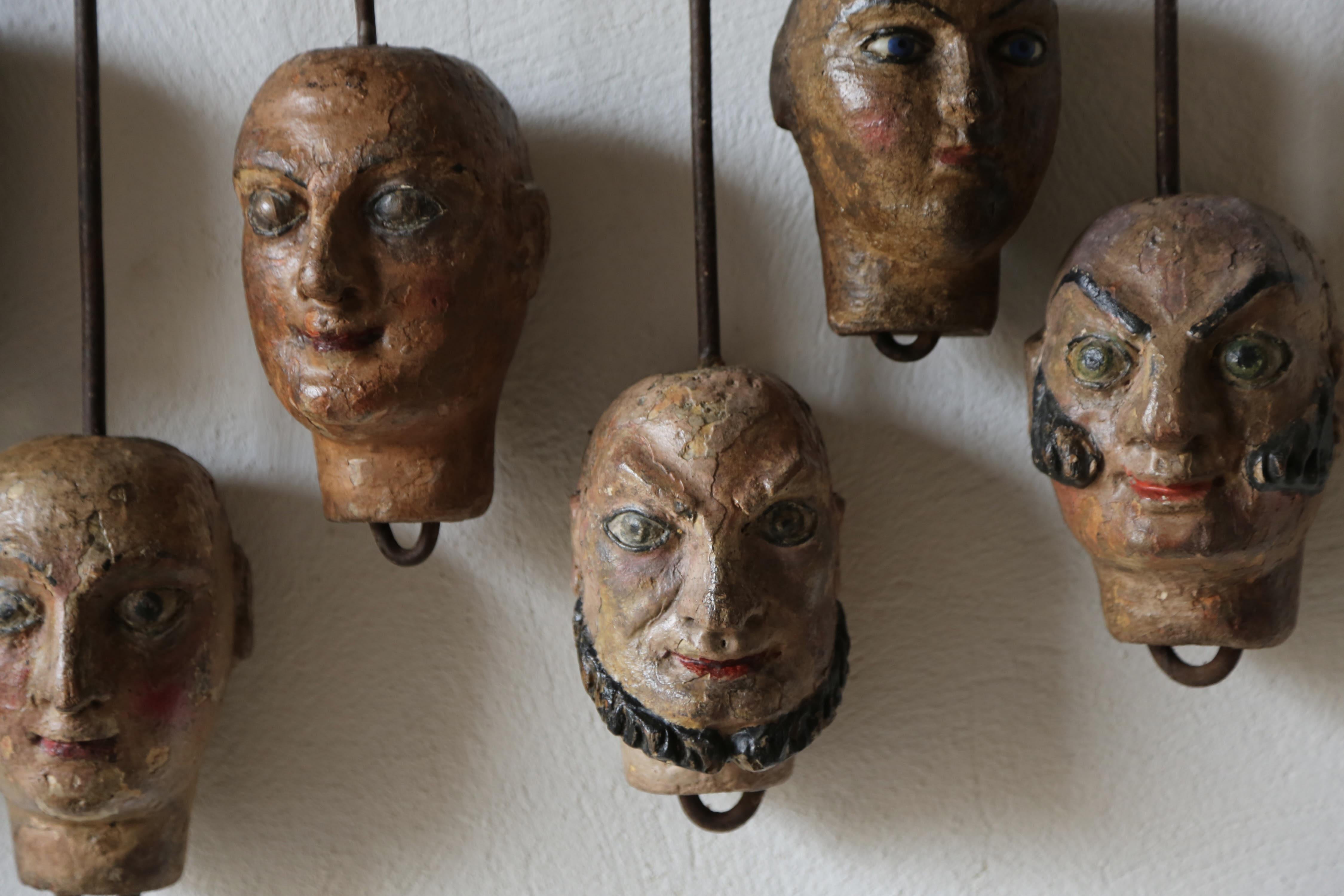 Exceptional Set of 24 Unique Hand-crafted Marionette Heads, Italy, 19th Century For Sale 4