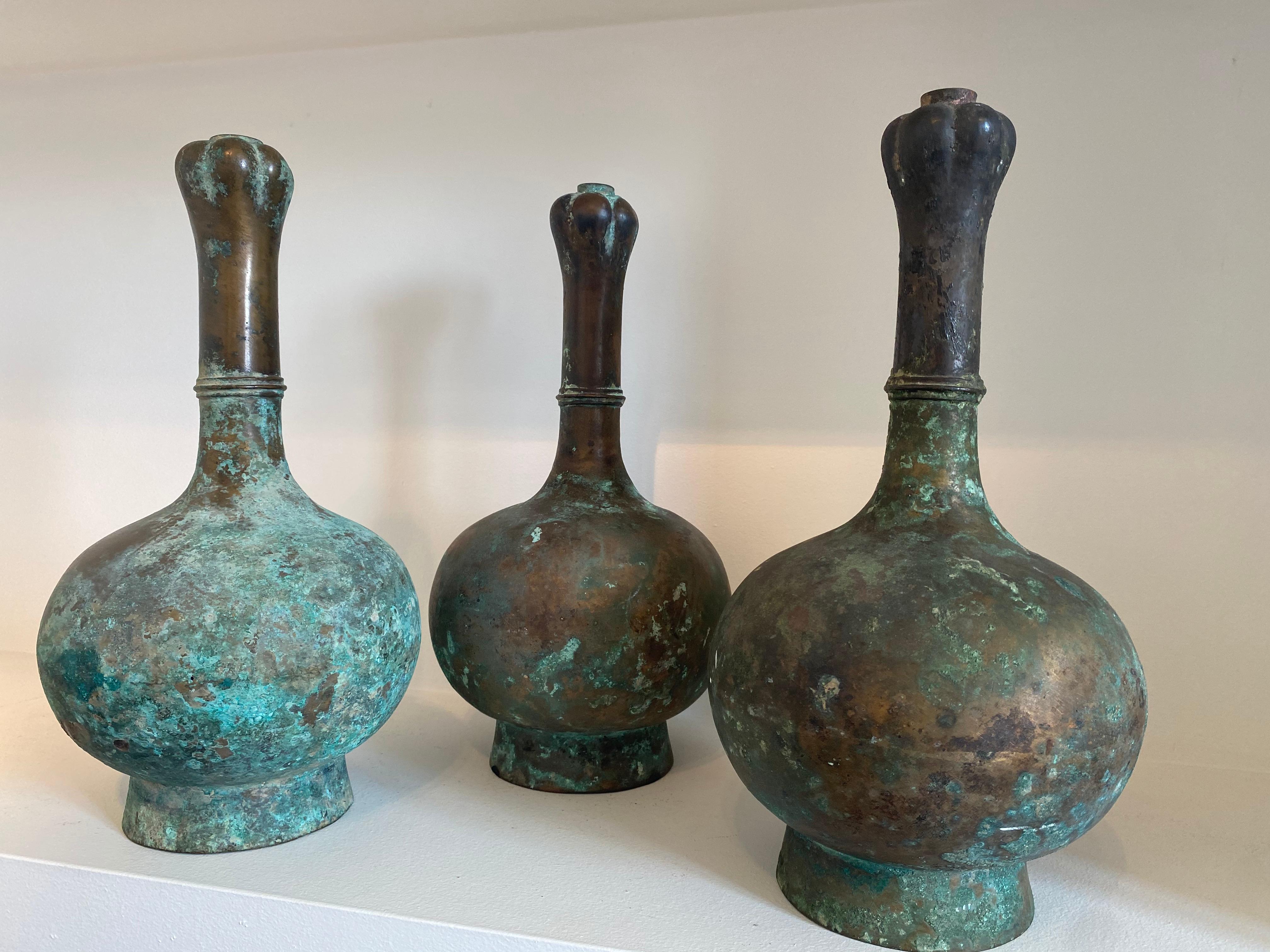 18th Century and Earlier Exceptional Antique Set of 3  Oriental Chinese Bronze Han Vases For Sale