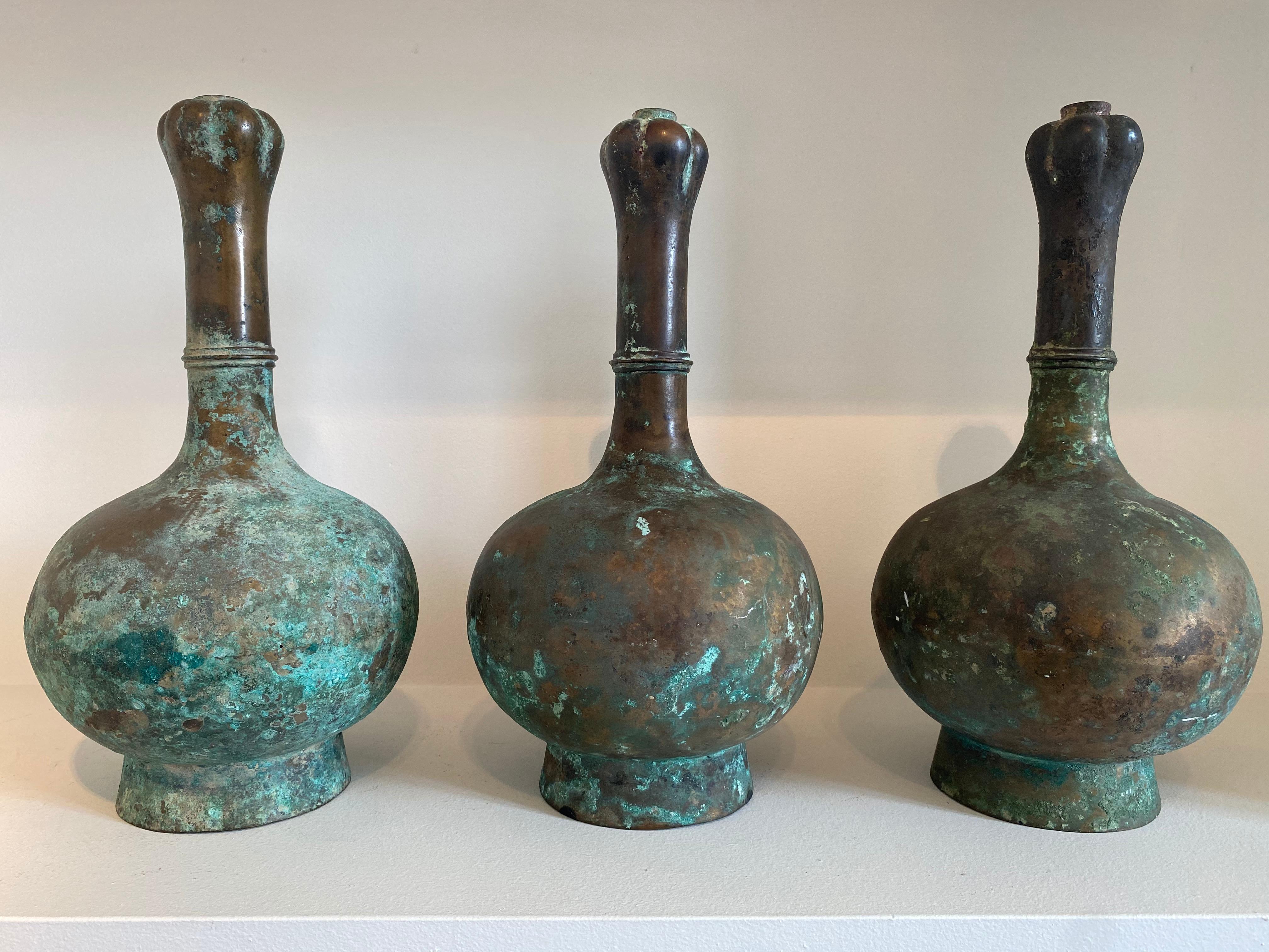 Shell Exceptional Antique Set of 3  Oriental Chinese Bronze Han Vases For Sale