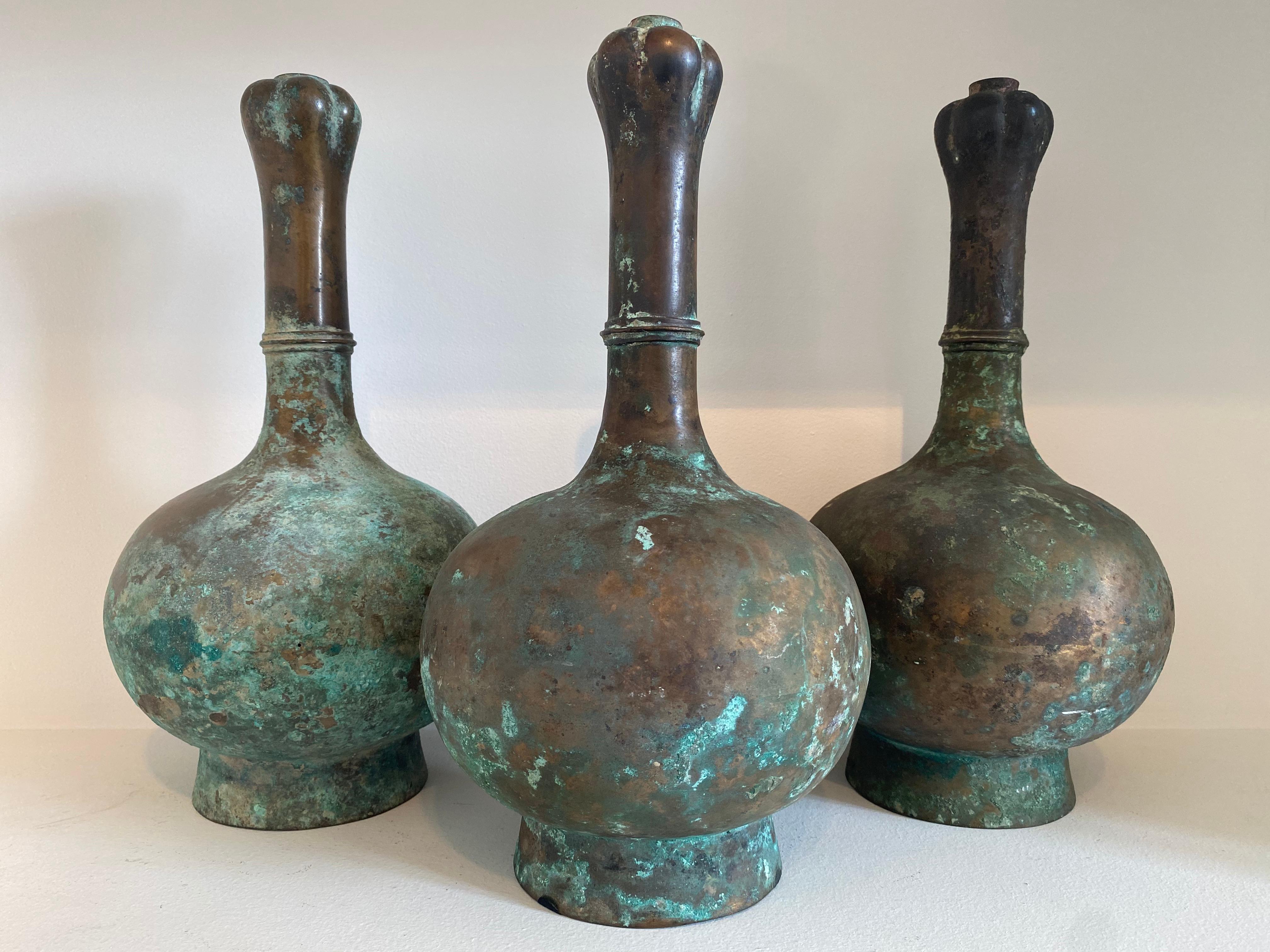 Exceptional Antique Set of 3  Oriental Chinese Bronze Han Vases For Sale 2