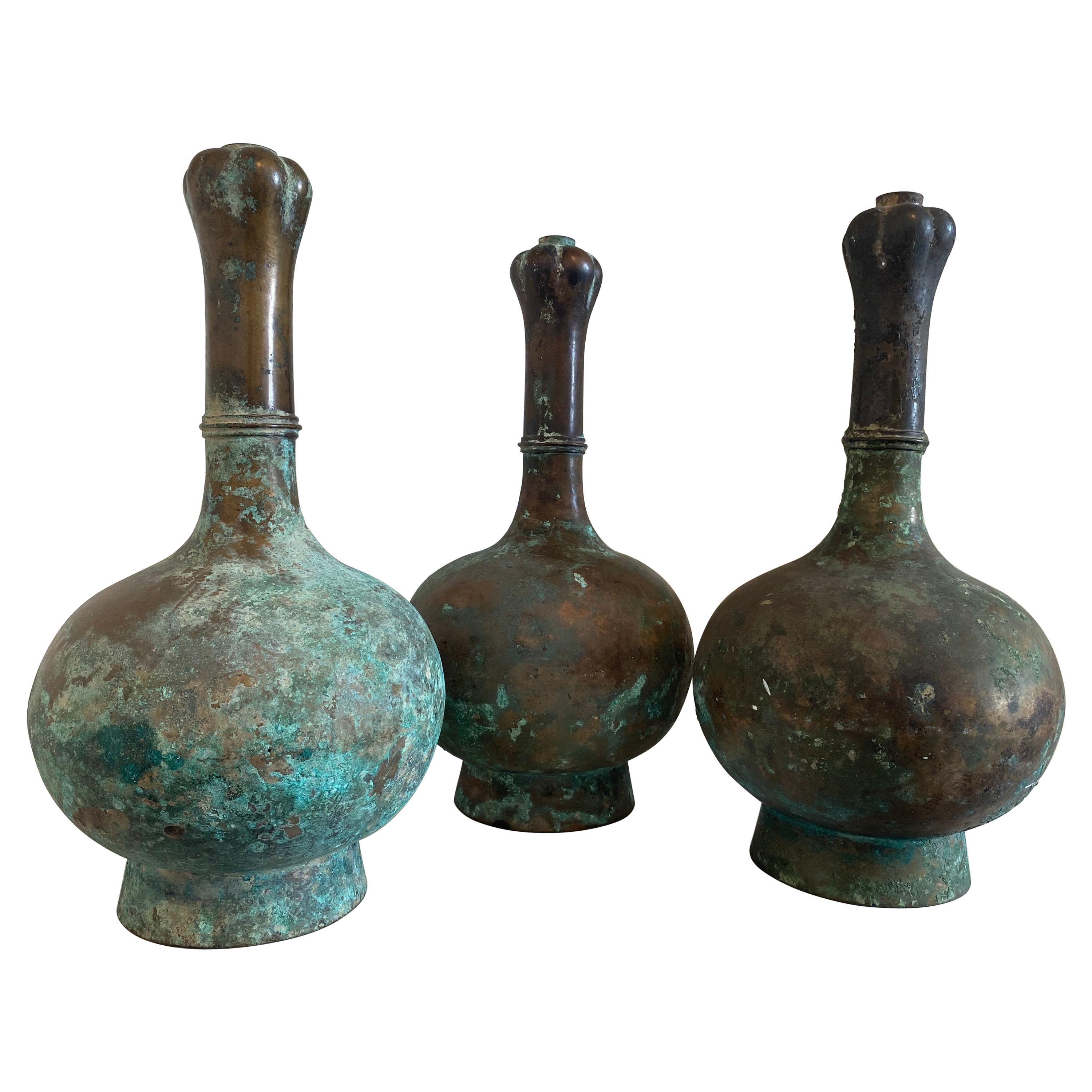 Exceptional Antique Set of 3  Oriental Chinese Bronze Han Vases For Sale