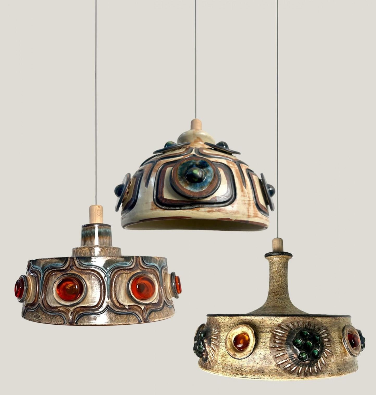 Danish Exceptional Set of 3 Ceramic Pendant Lights, Denmark, 1970s For Sale