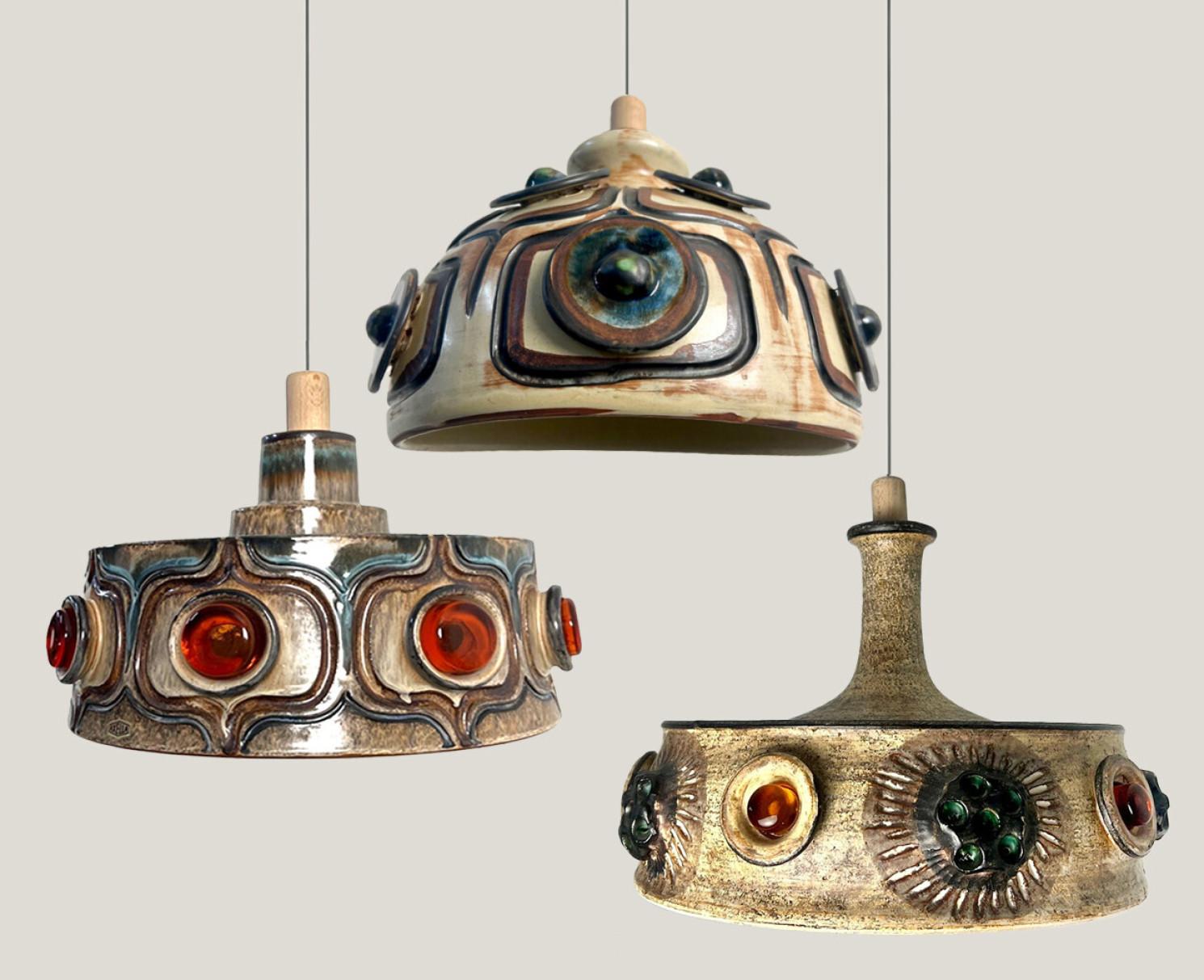 Exceptional Set of 3 Ceramic Pendant Lights, Denmark, 1970s For Sale 1