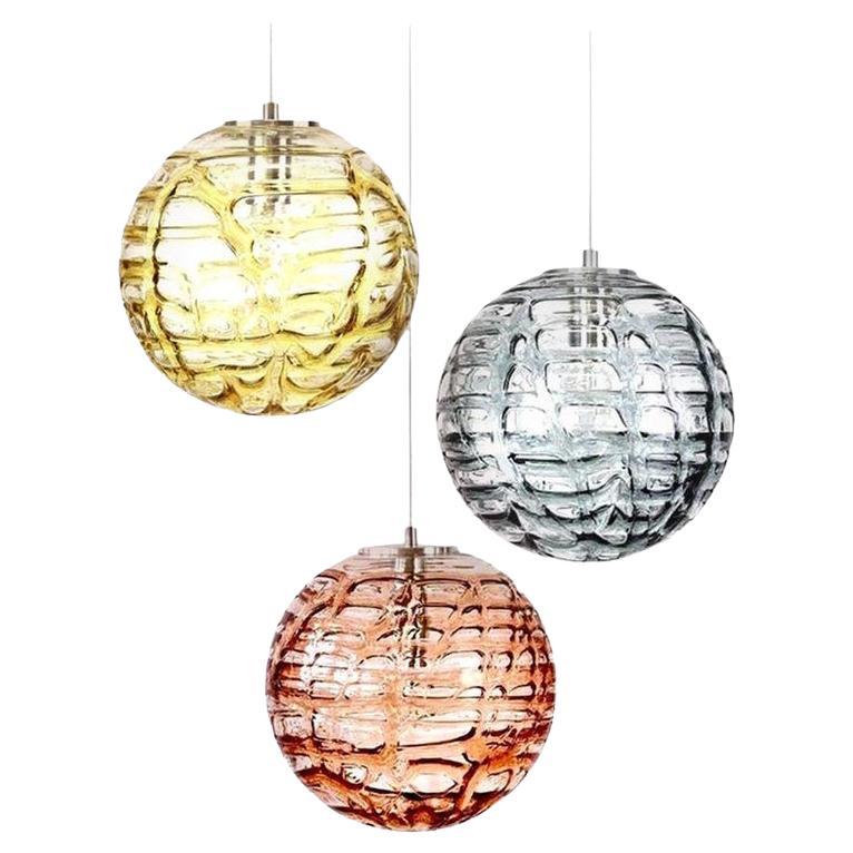 Exceptional Set of 3 Murano Glass Pendant Lights Venini Style, 1960s