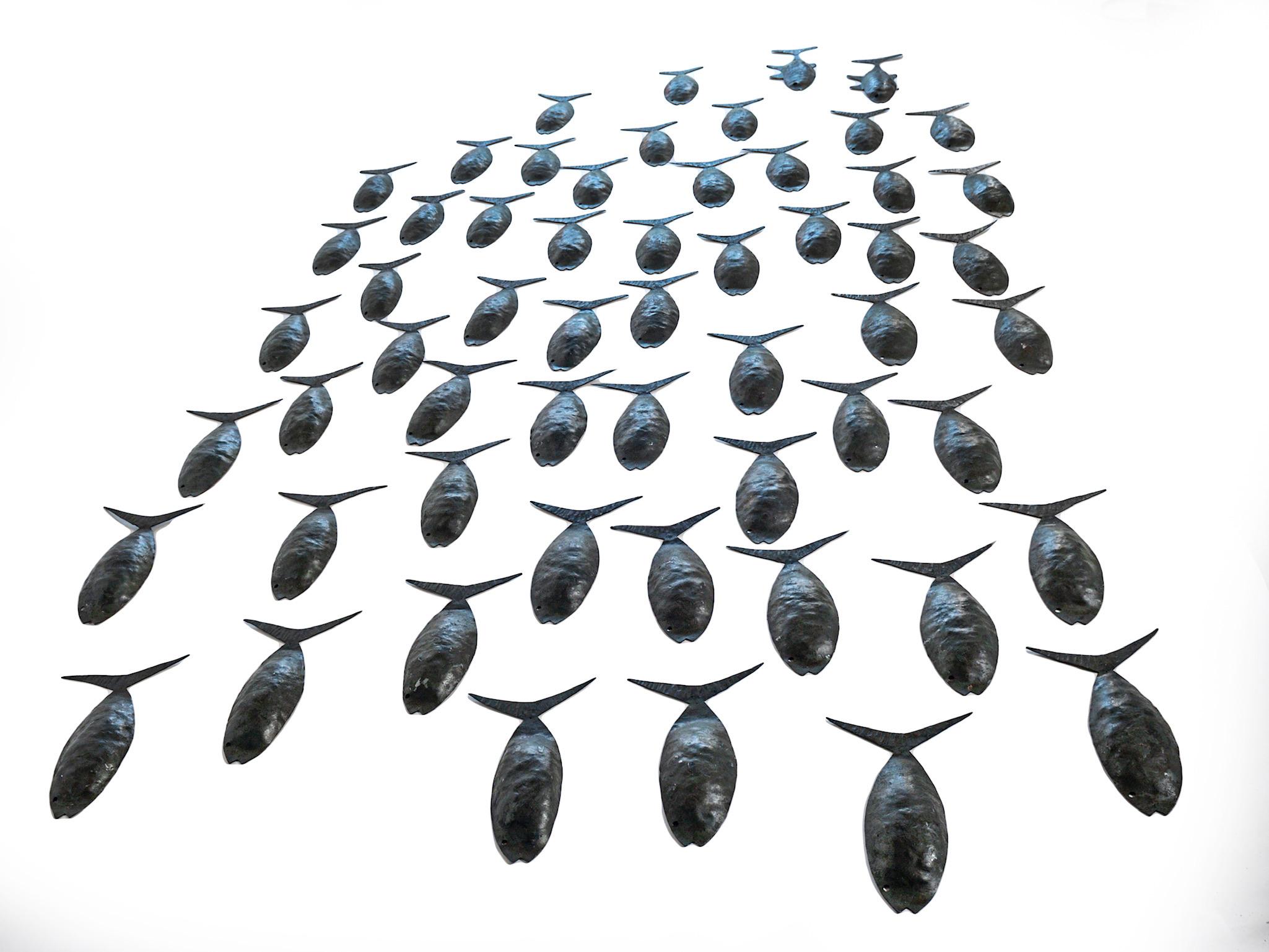 Belgian Exceptional Set of 56 Hand Forged Wrought Iron Fishes For Sale