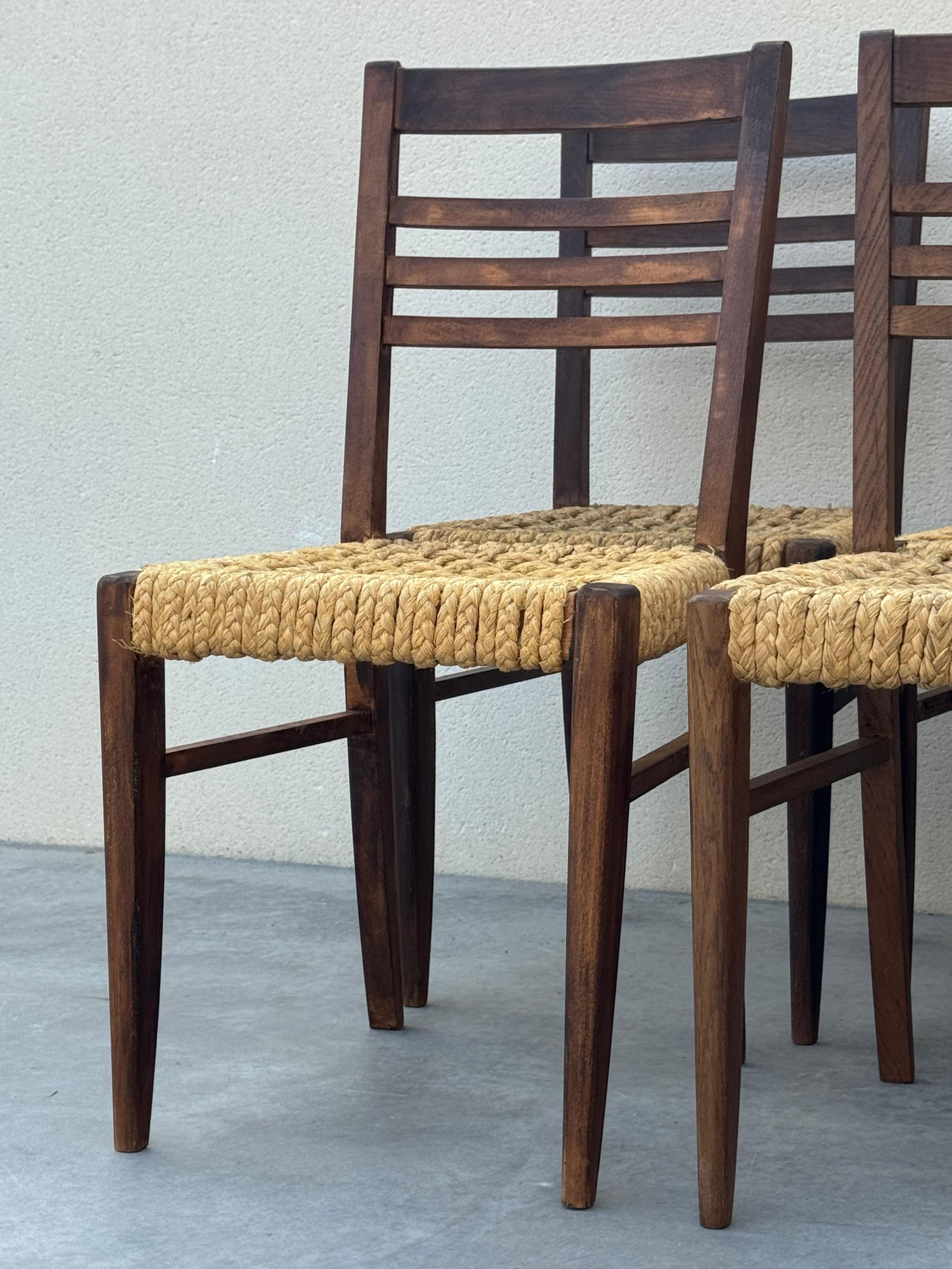 Exceptional Set of 6 Design Audoux & Minnet Chairs 1950s  Original Wood and Hemp For Sale 3