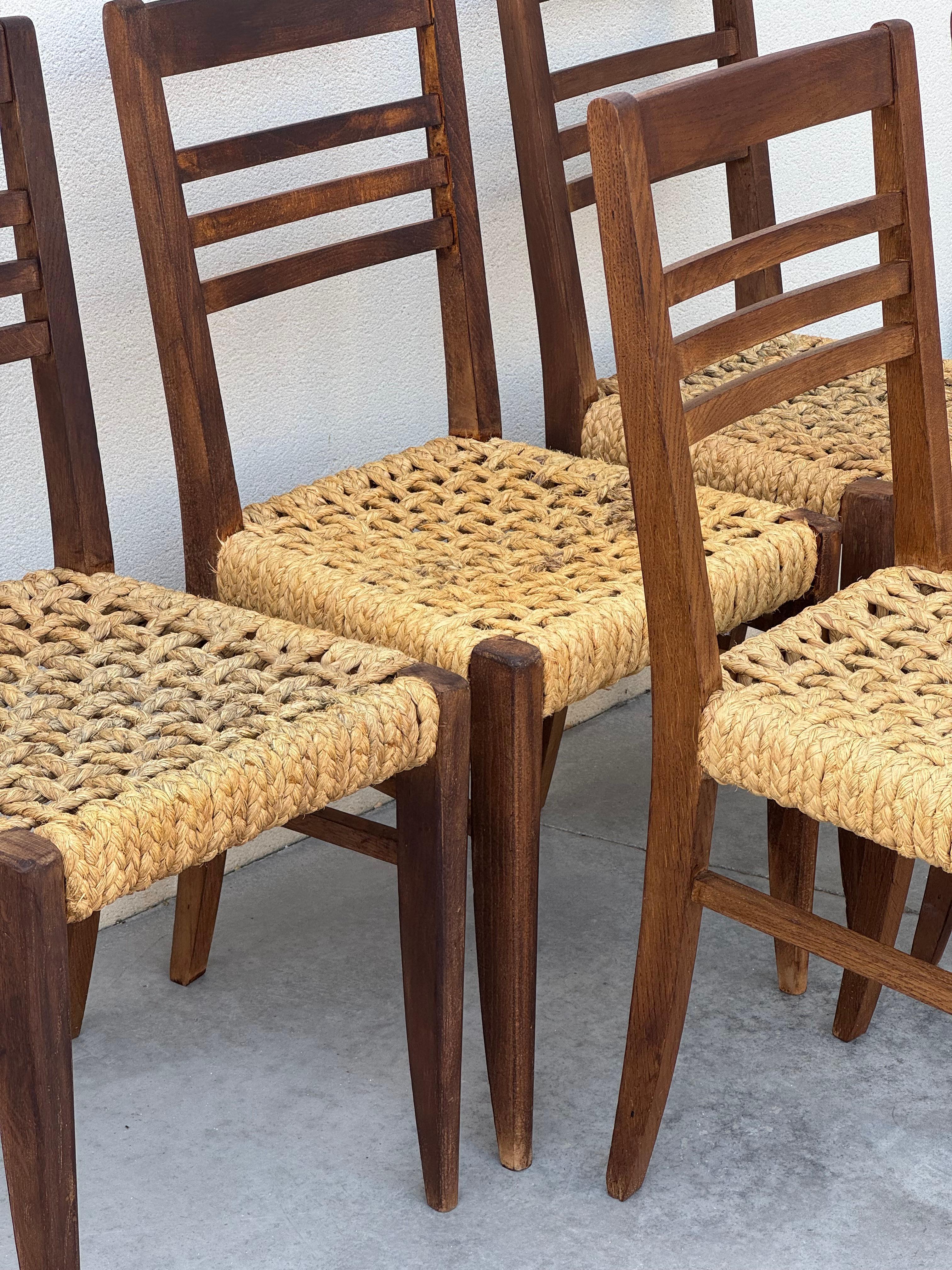Exceptional Set of 6 Design Audoux & Minnet Chairs 1950s  Original Wood and Hemp For Sale 4