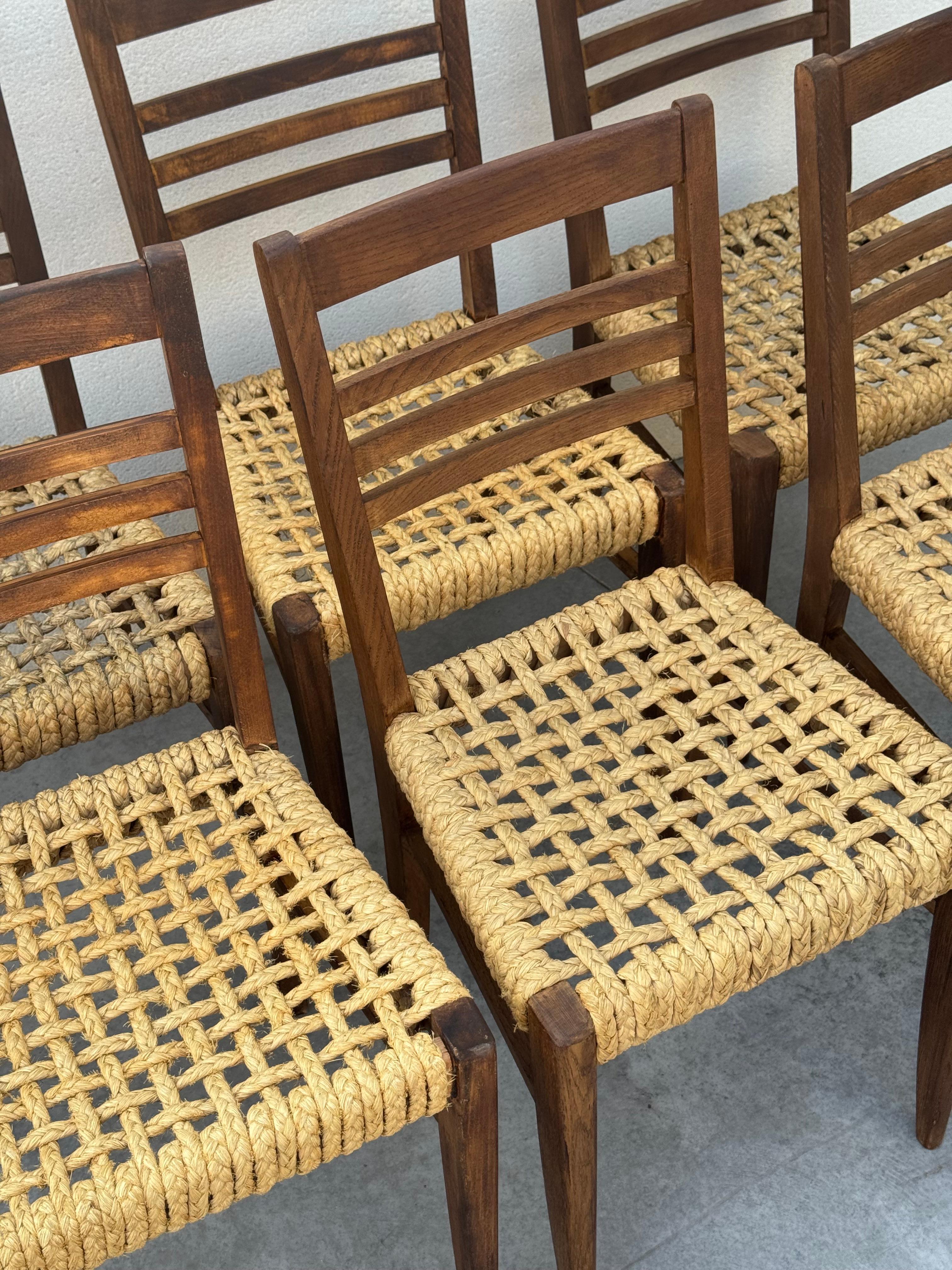 Exceptional Set of 6 Design Audoux & Minnet Chairs 1950s  Original Wood and Hemp For Sale 5