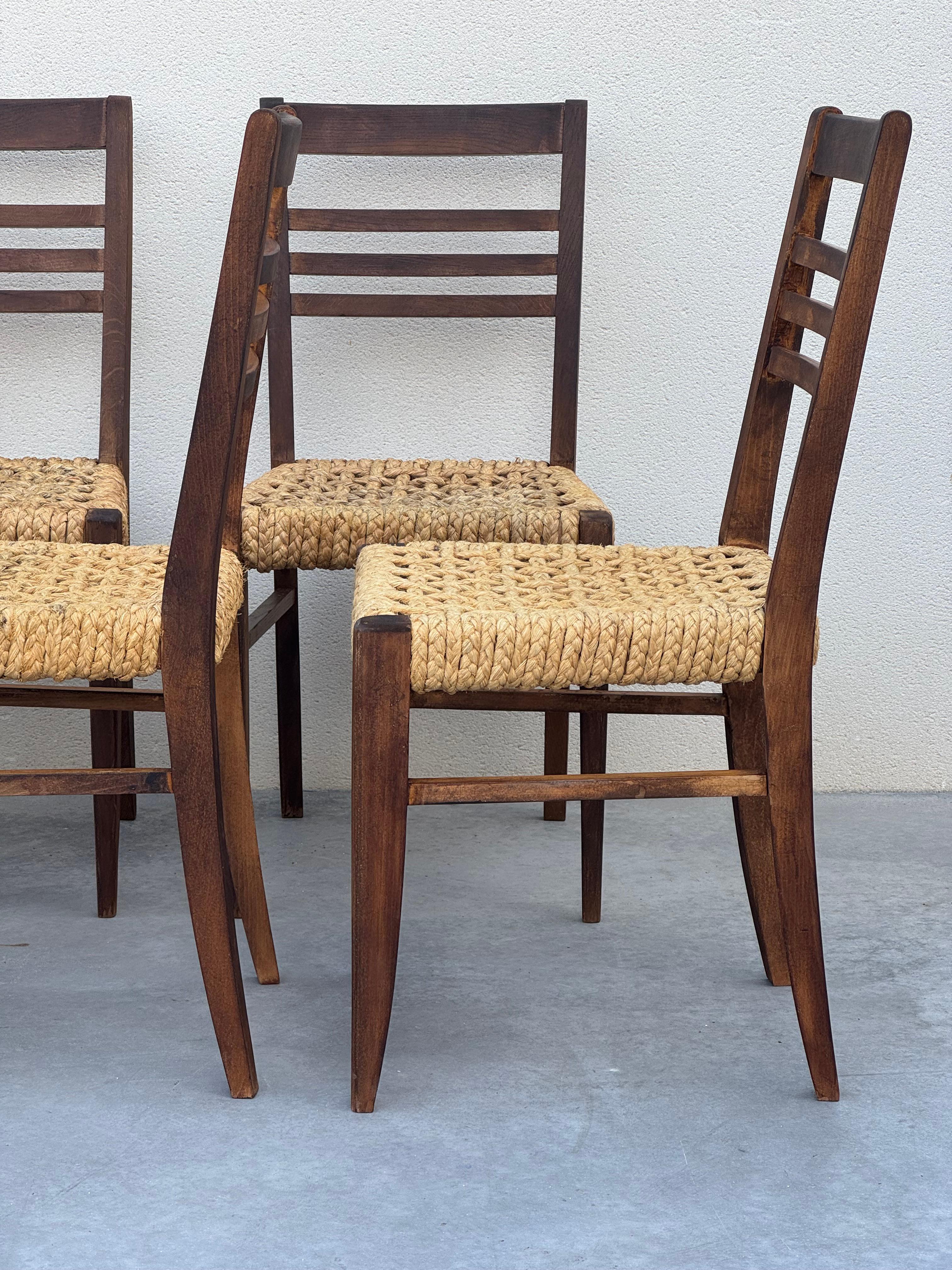Exceptional Set of 6 Design Audoux & Minnet Chairs 1950s  Original Wood and Hemp For Sale 8
