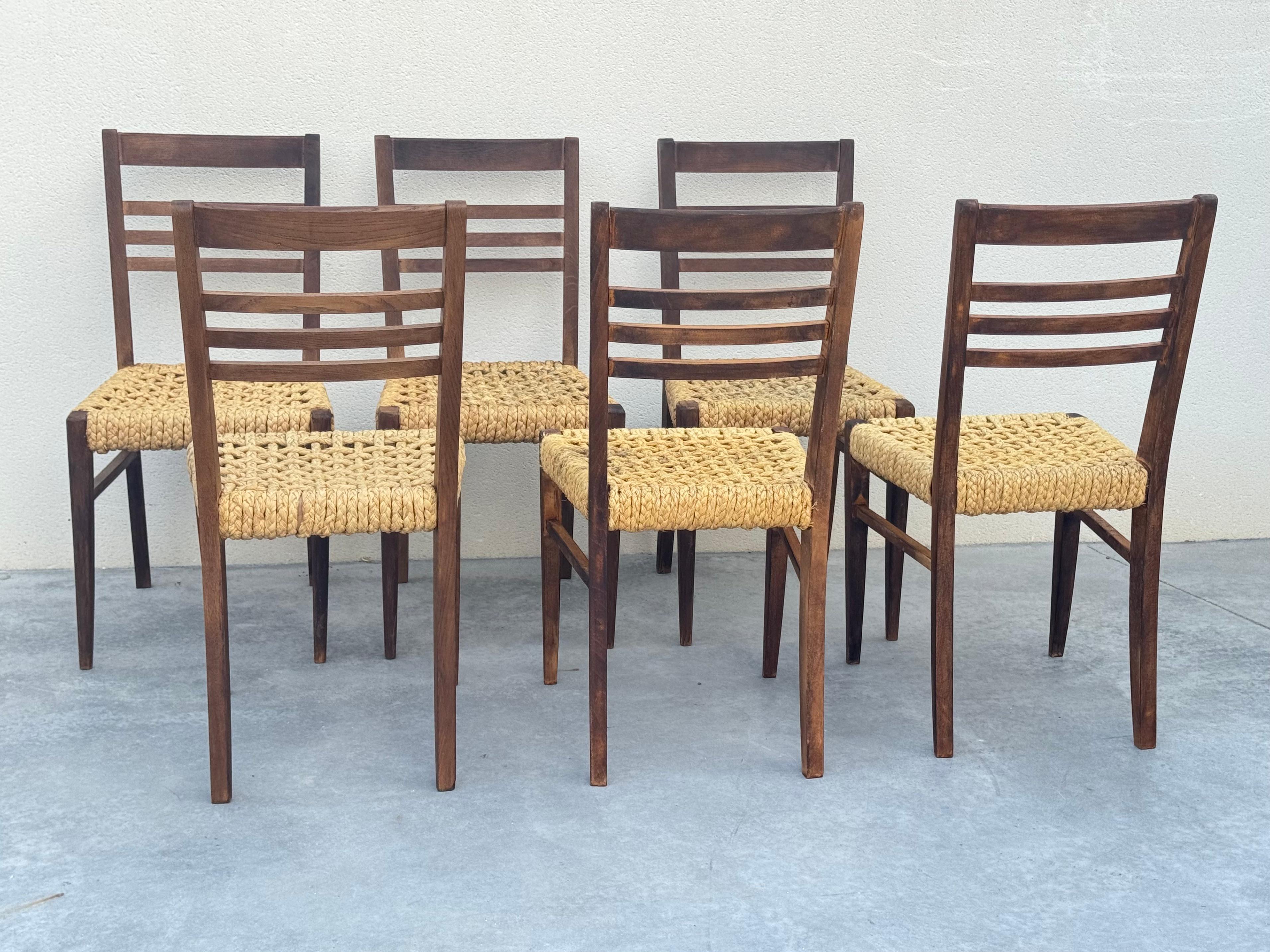 Exceptional Set of 6 Design Audoux & Minnet Chairs 1950s  Original Wood and Hemp For Sale 9