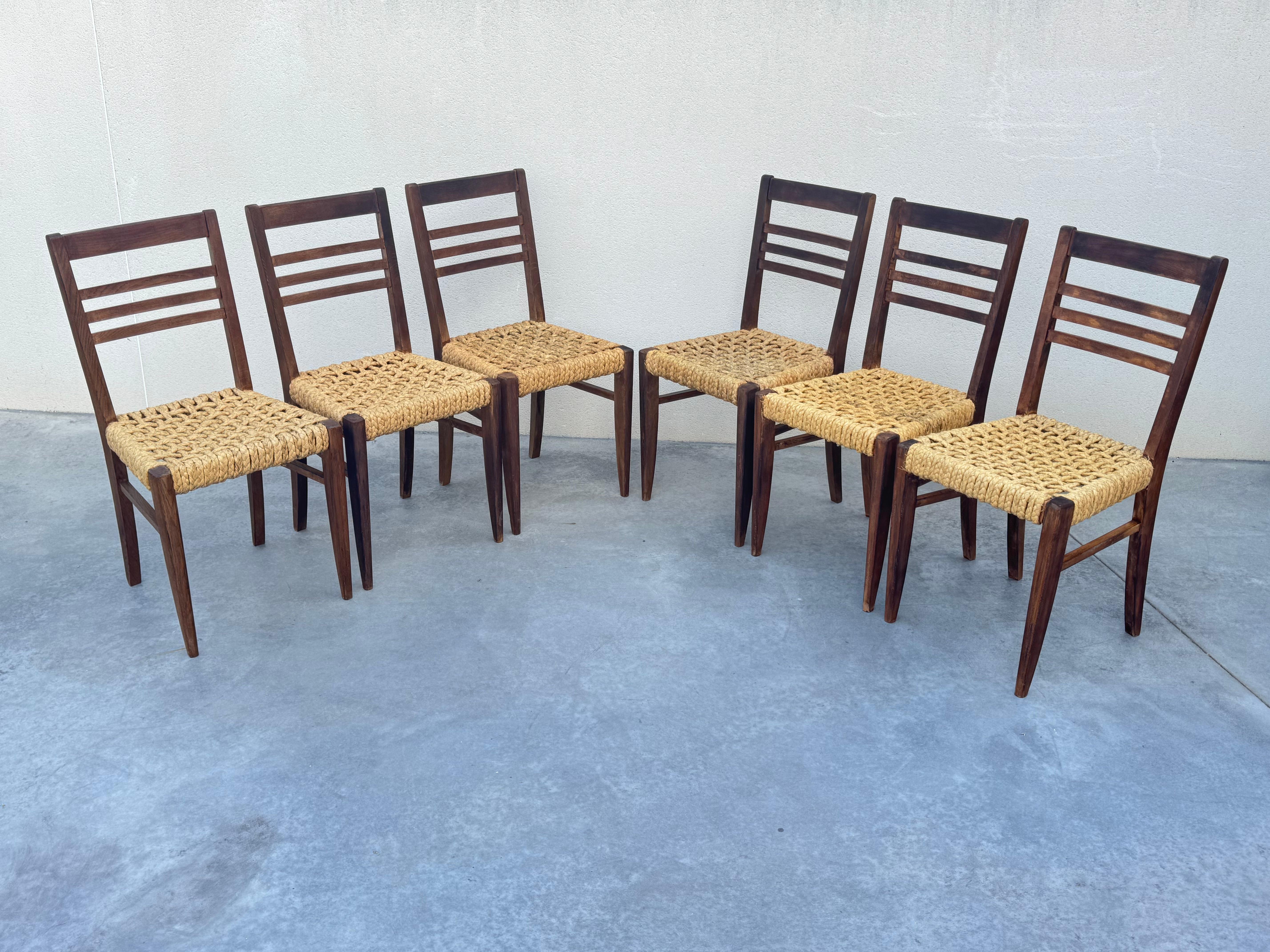 Exceptional Set of 6 Design Audoux & Minnet Chairs 1950s  Original Wood and Hemp For Sale 10