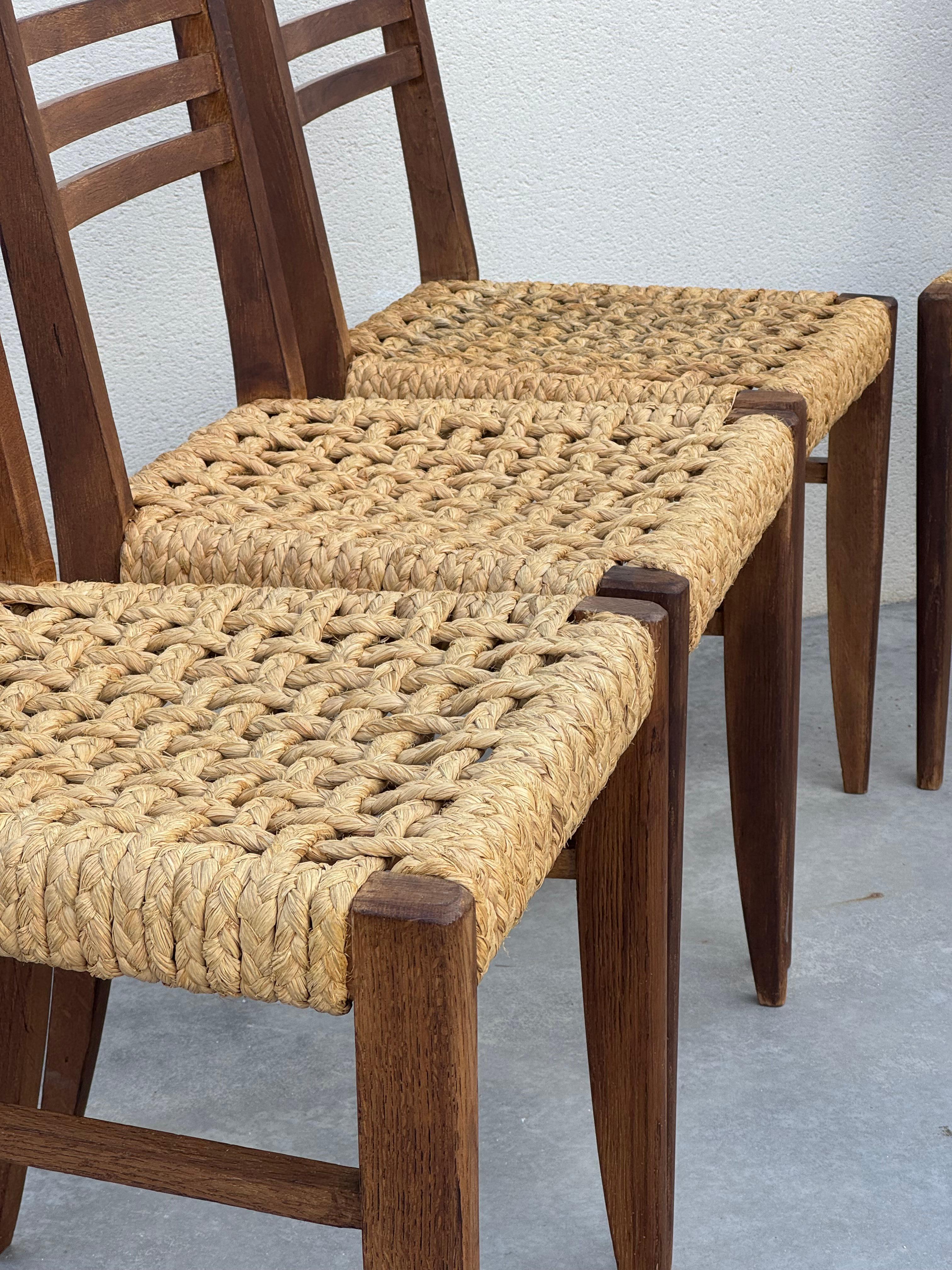 Exceptional Set of 6 Design Audoux & Minnet Chairs 1950s  Original Wood and Hemp For Sale 11