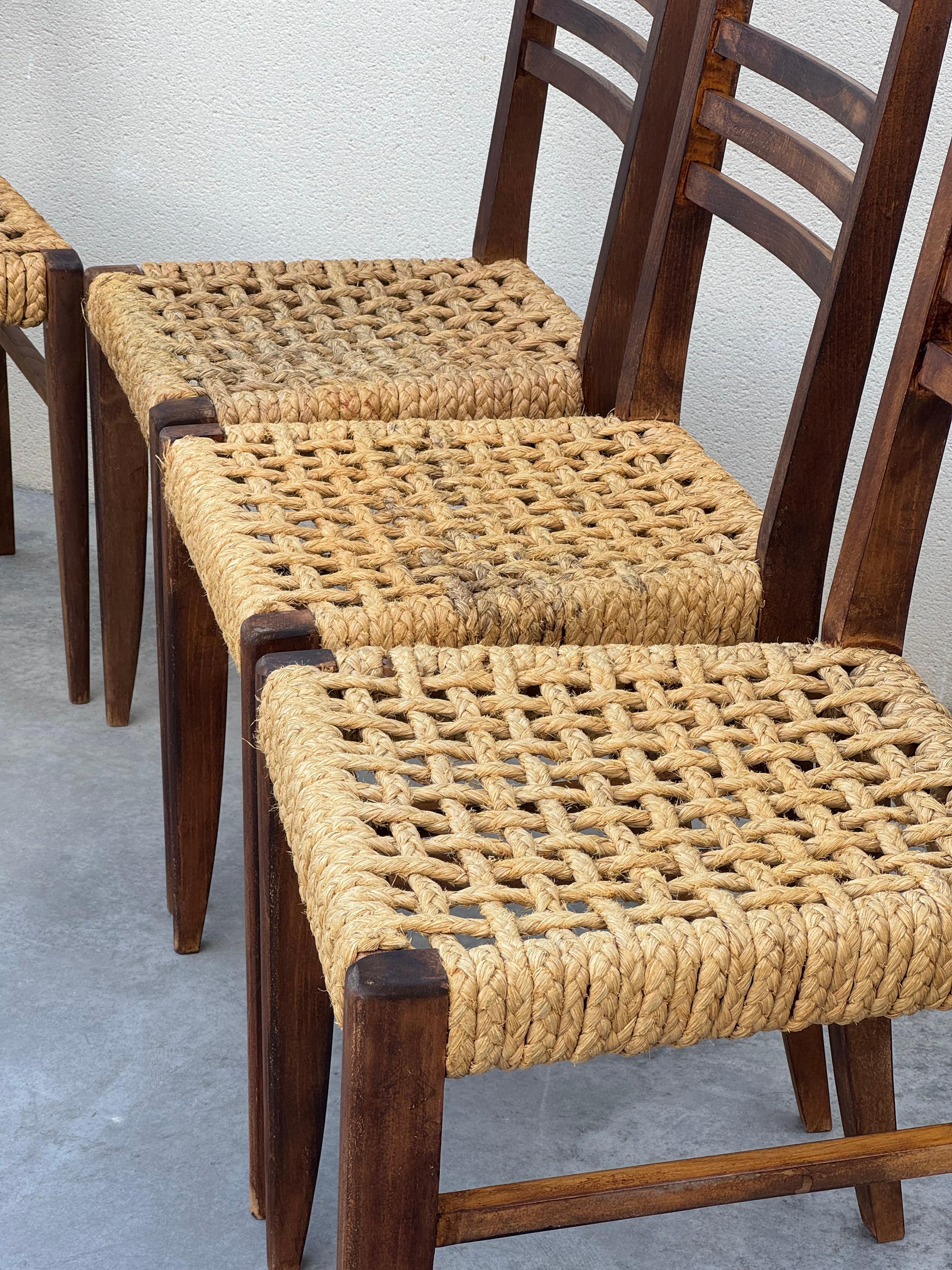 Exceptional Set of 6 Design Audoux & Minnet Chairs 1950s  Original Wood and Hemp For Sale 12