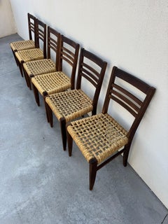 Excepcional juego de 6 sillas de diseño Audoux & Minnet Años 50 Madera original y cáñamo