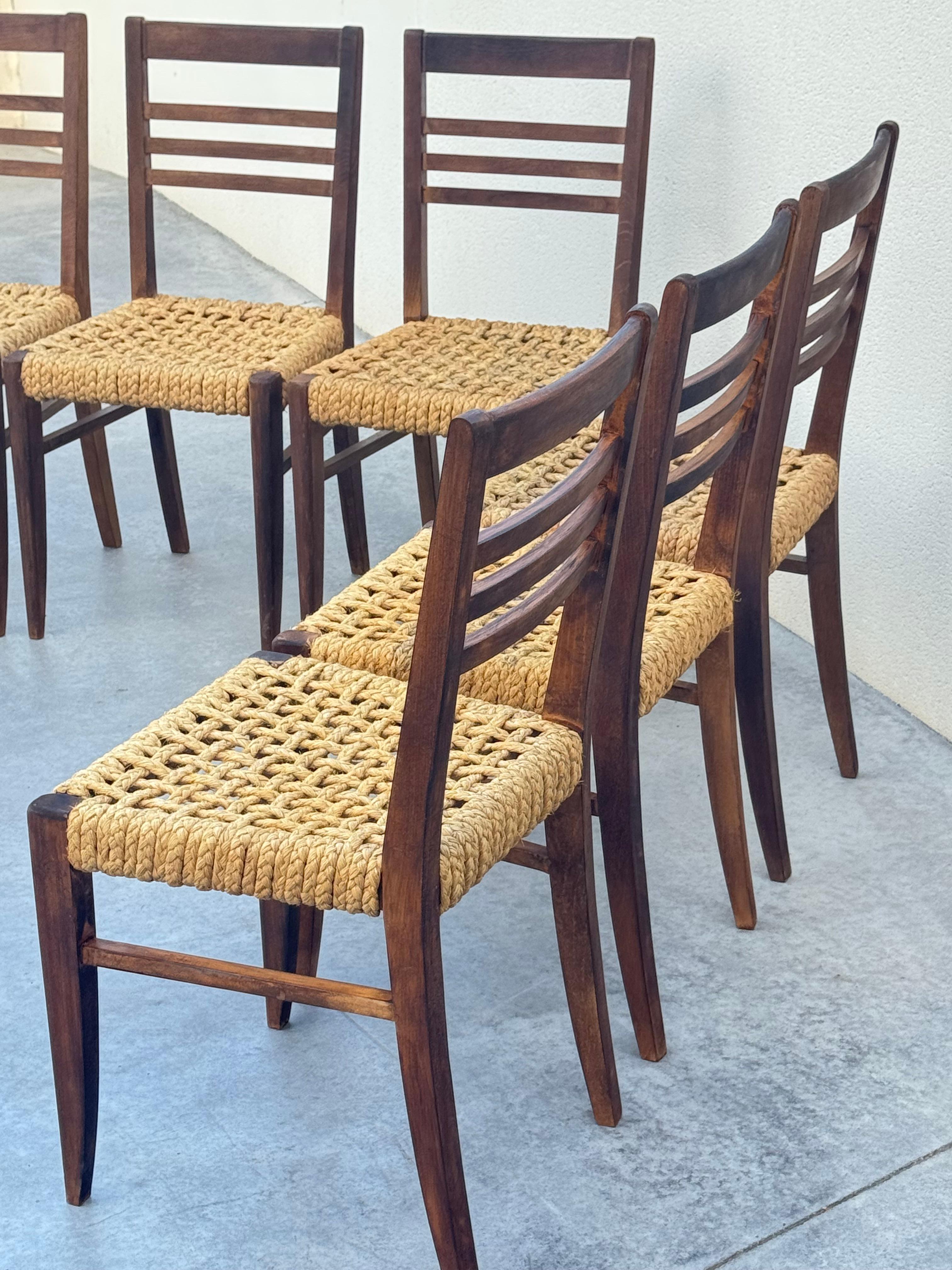 Exceptional Set of 6 Design Audoux & Minnet Chairs 1950s  Original Wood and Hemp For Sale 13
