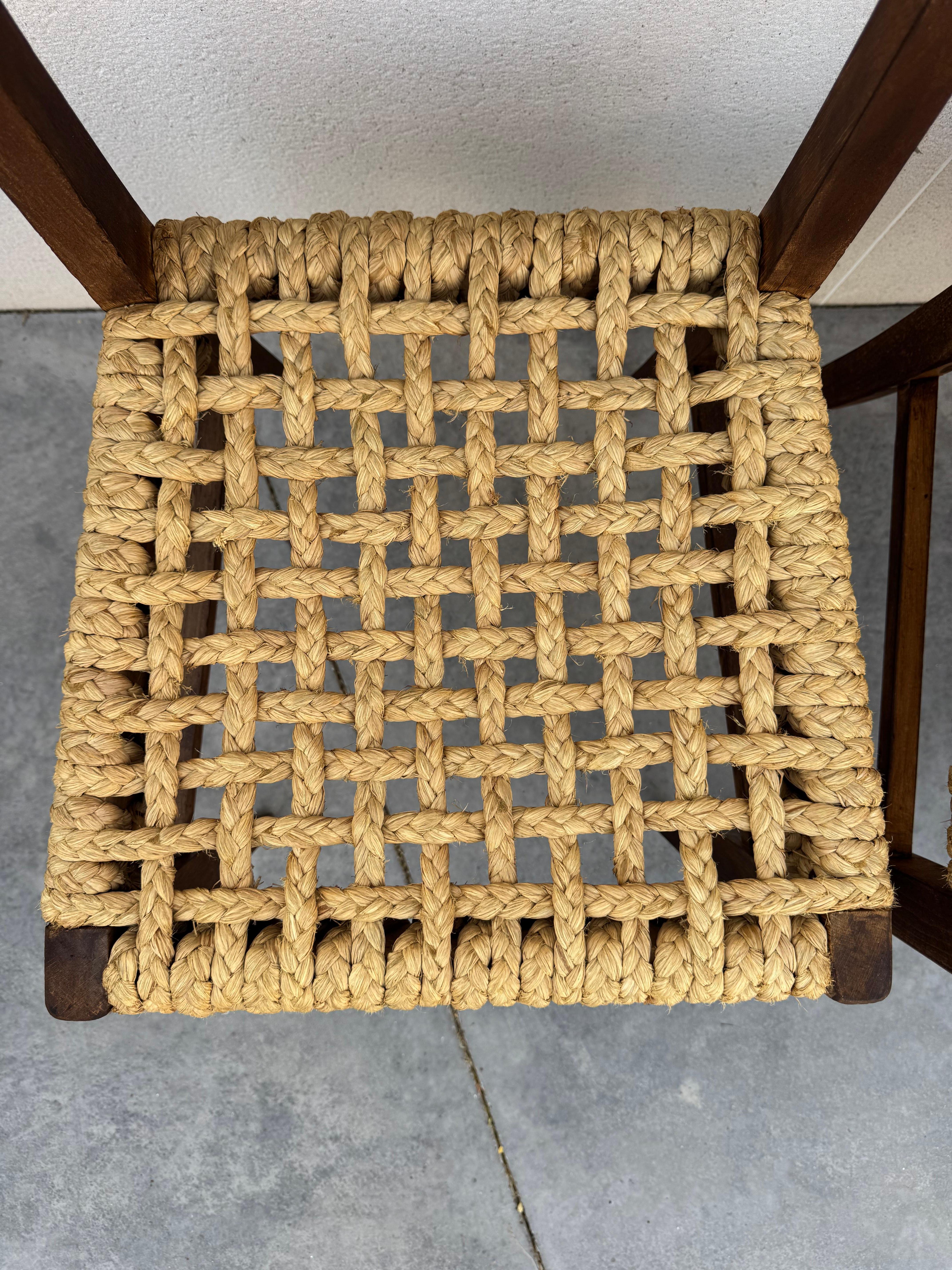 French Provincial Exceptional Set of 6 Design Audoux & Minnet Chairs 1950s  Original Wood and Hemp For Sale
