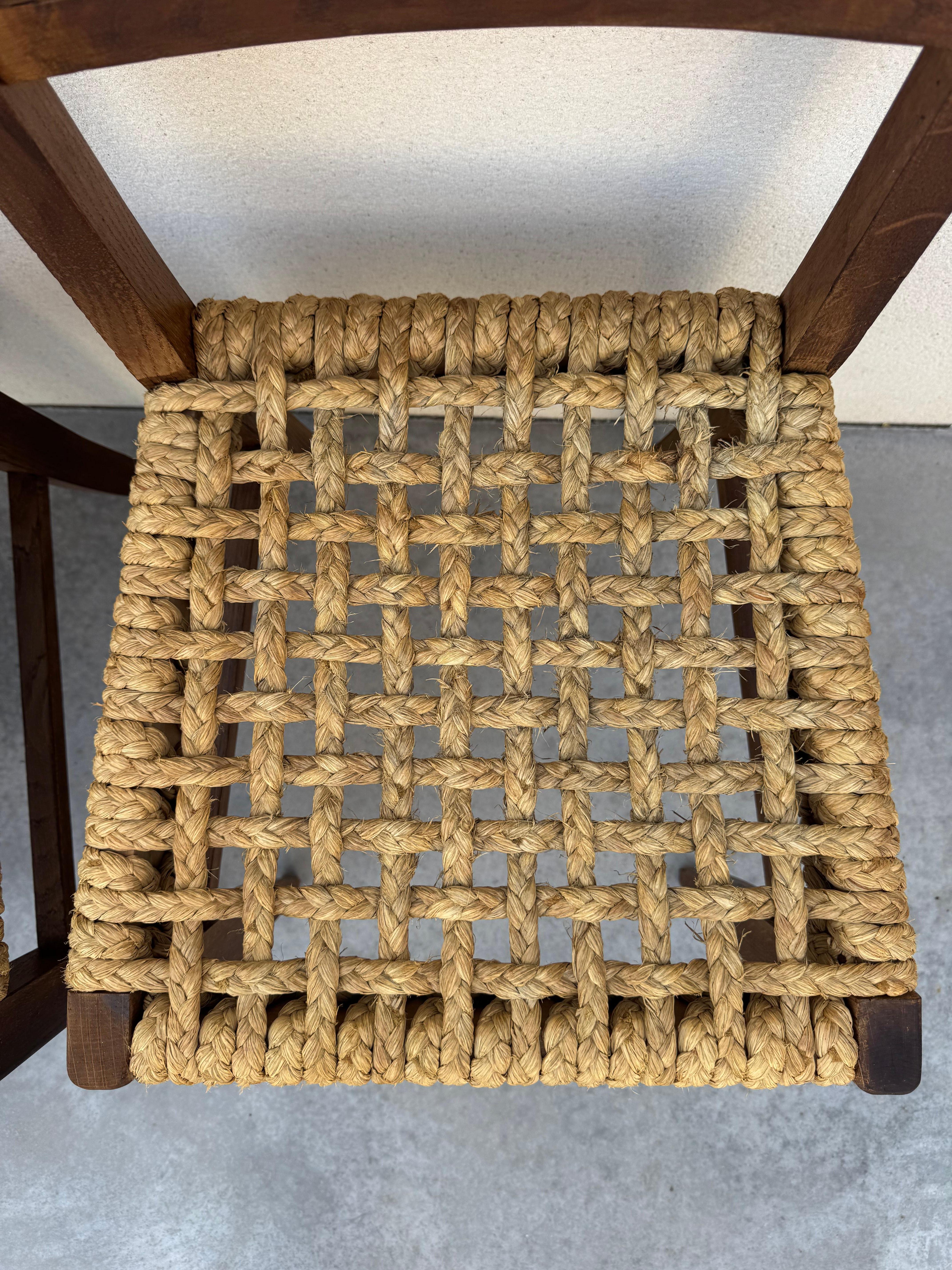 Woodwork Exceptional Set of 6 Design Audoux & Minnet Chairs 1950s  Original Wood and Hemp For Sale