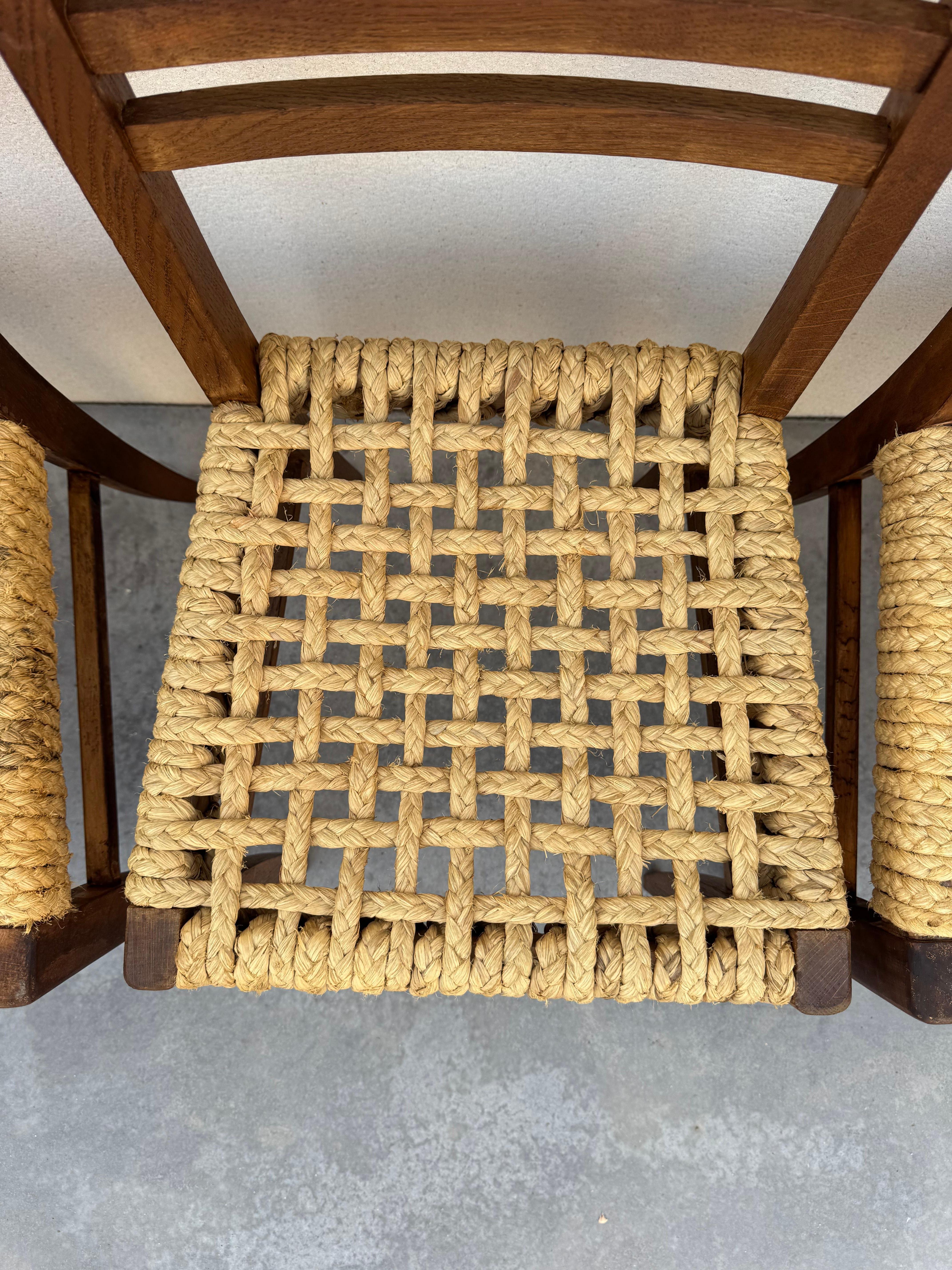 19th Century Exceptional Set of 6 Design Audoux & Minnet Chairs 1950s  Original Wood and Hemp For Sale