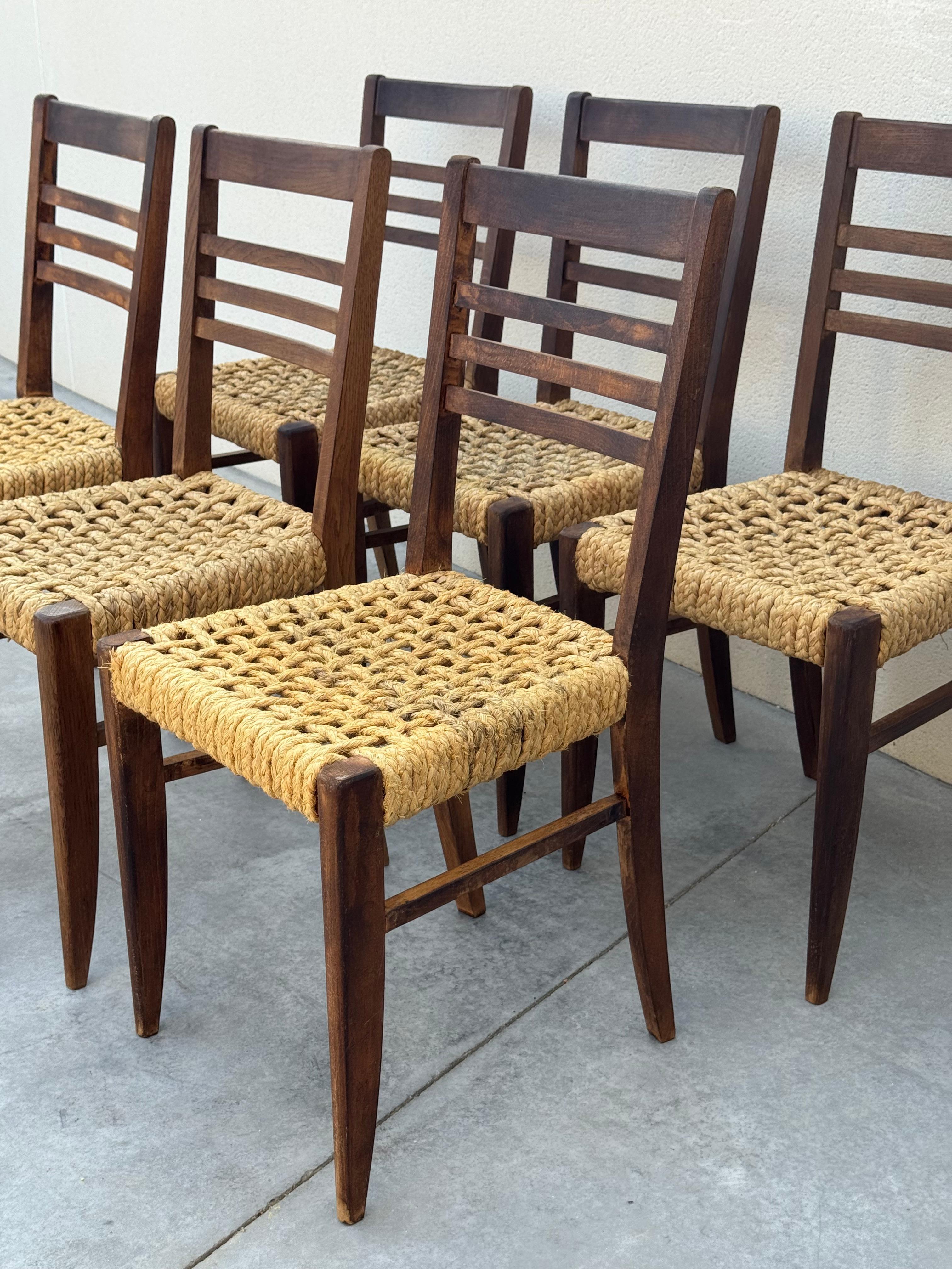 Exceptional Set of 6 Design Audoux & Minnet Chairs 1950s  Original Wood and Hemp For Sale 1