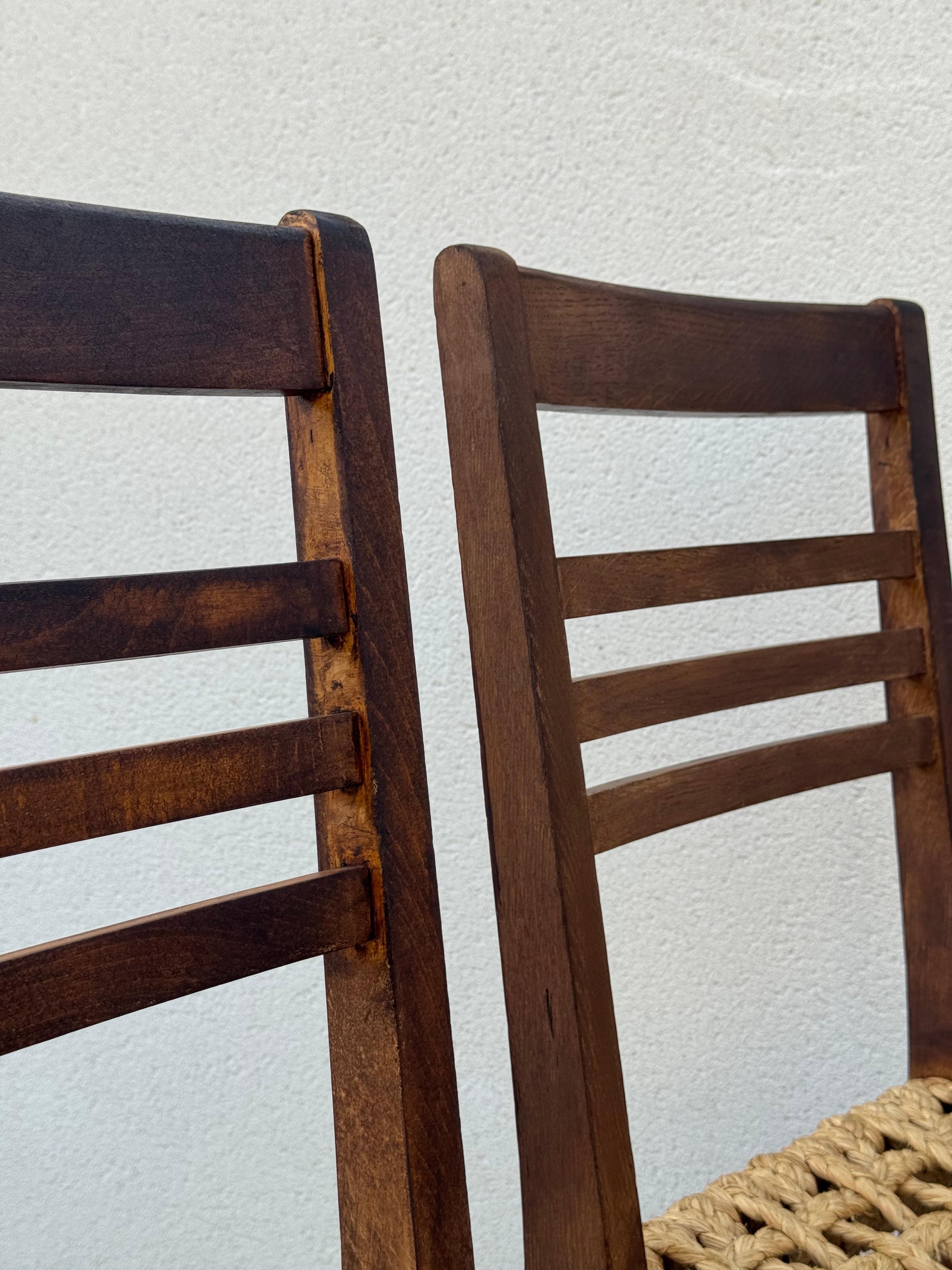 Exceptional Set of 6 Design Audoux & Minnet Chairs 1950s  Original Wood and Hemp For Sale 2