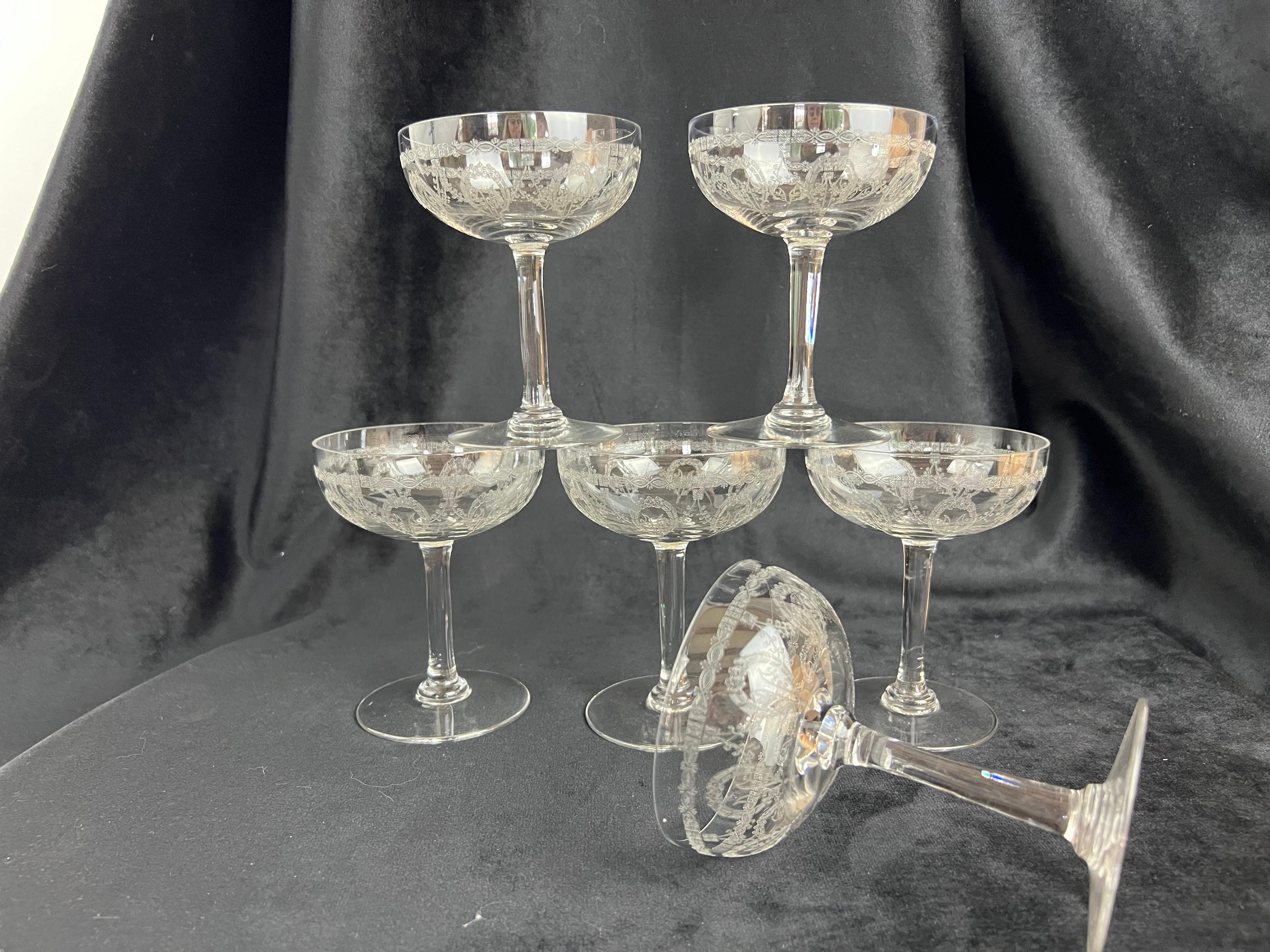 French Exceptional Set of 6 Saint Louis Champagne Coupes – Noël Crystal Service, Early