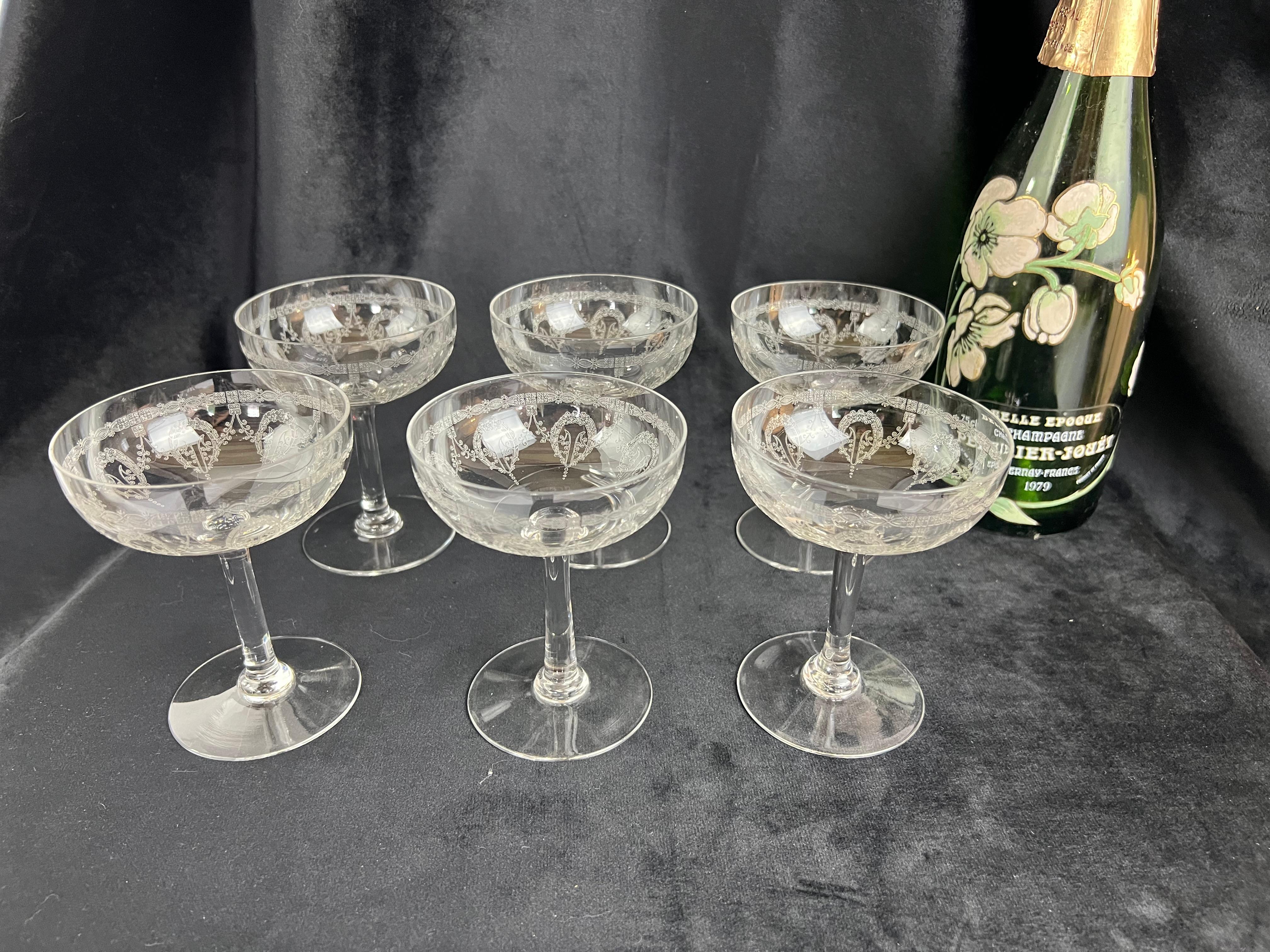 Exceptional Set of 6 Saint Louis Champagne Coupes – Noël Crystal Service, Early 1