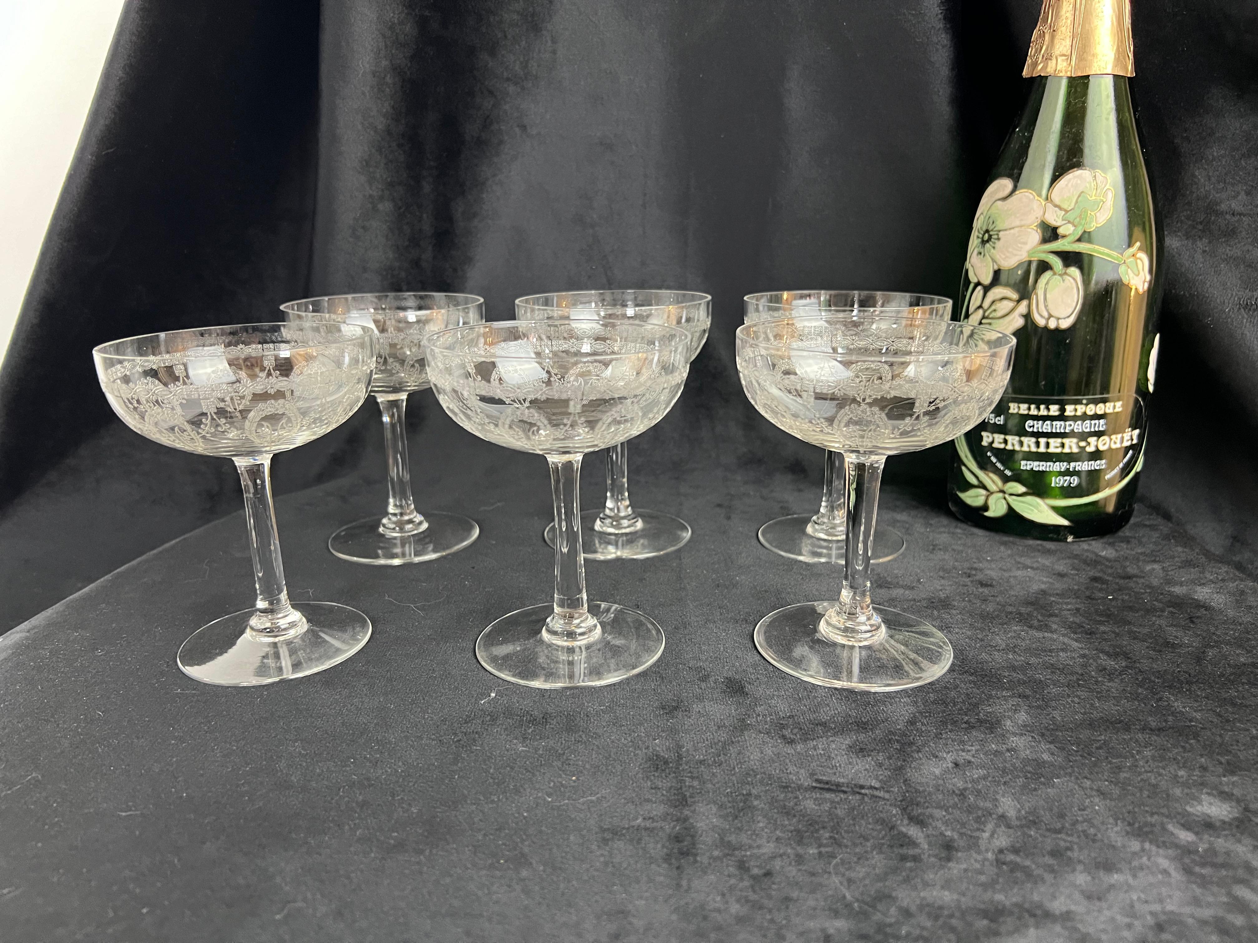 Exceptional Set of 6 Saint Louis Champagne Coupes – Noël Crystal Service, Early 2