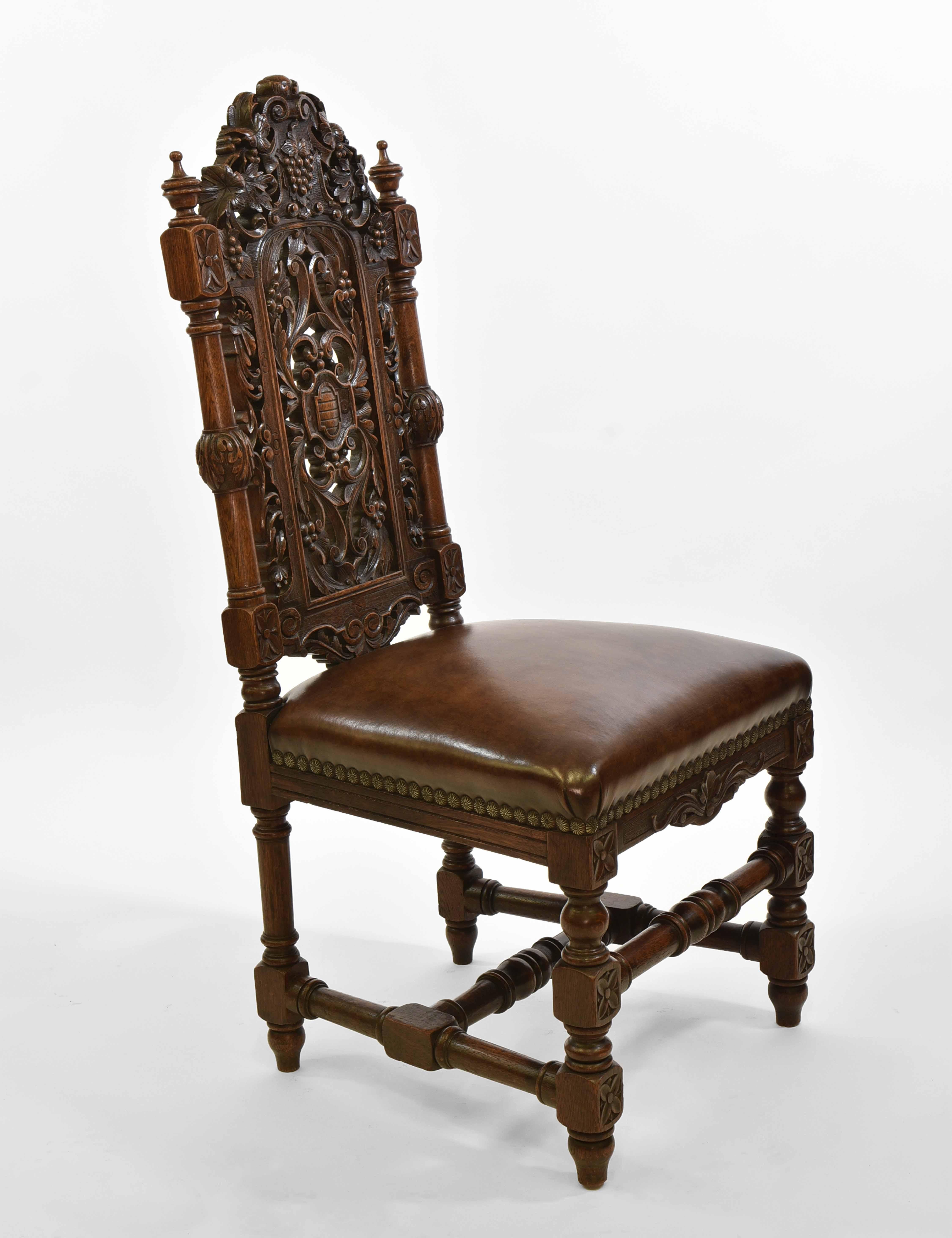 Exceptional Set Of 8 English Antique Carved Oak Hand Dyed Leather Dining Chairs 3