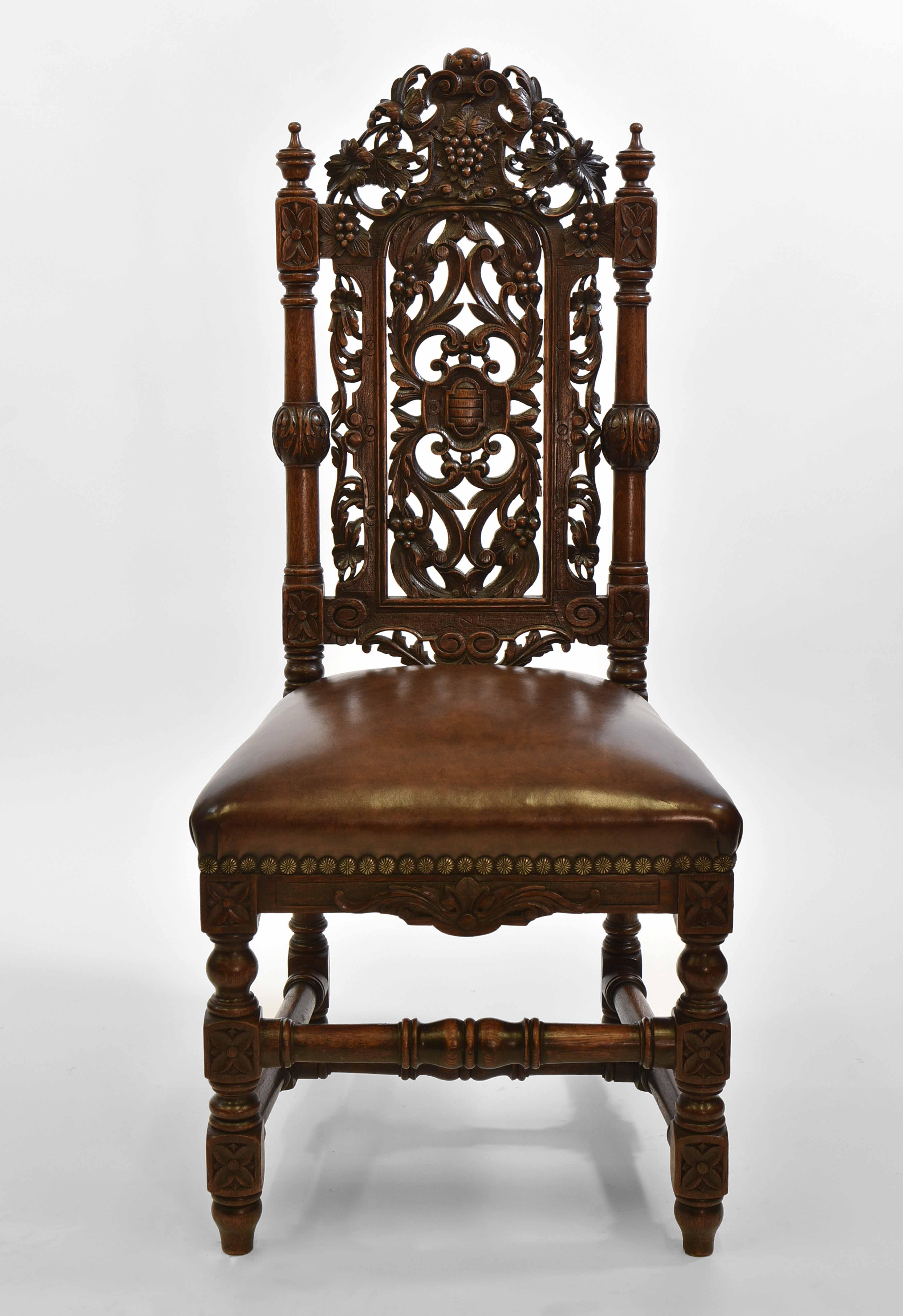 Exceptional Set Of 8 English Antique Carved Oak Hand Dyed Leather Dining Chairs 4