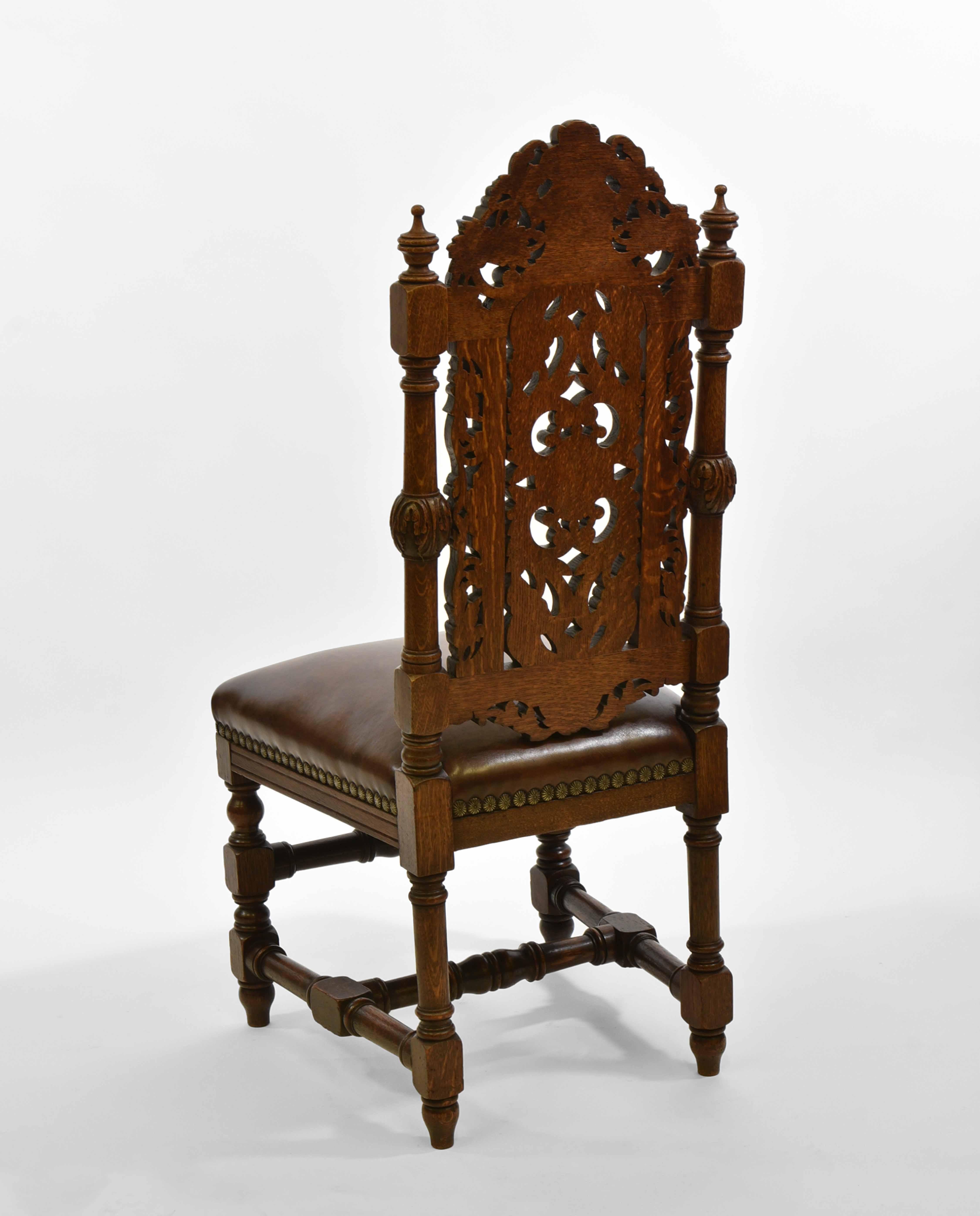 Exceptional Set Of 8 English Antique Carved Oak Hand Dyed Leather Dining Chairs 5