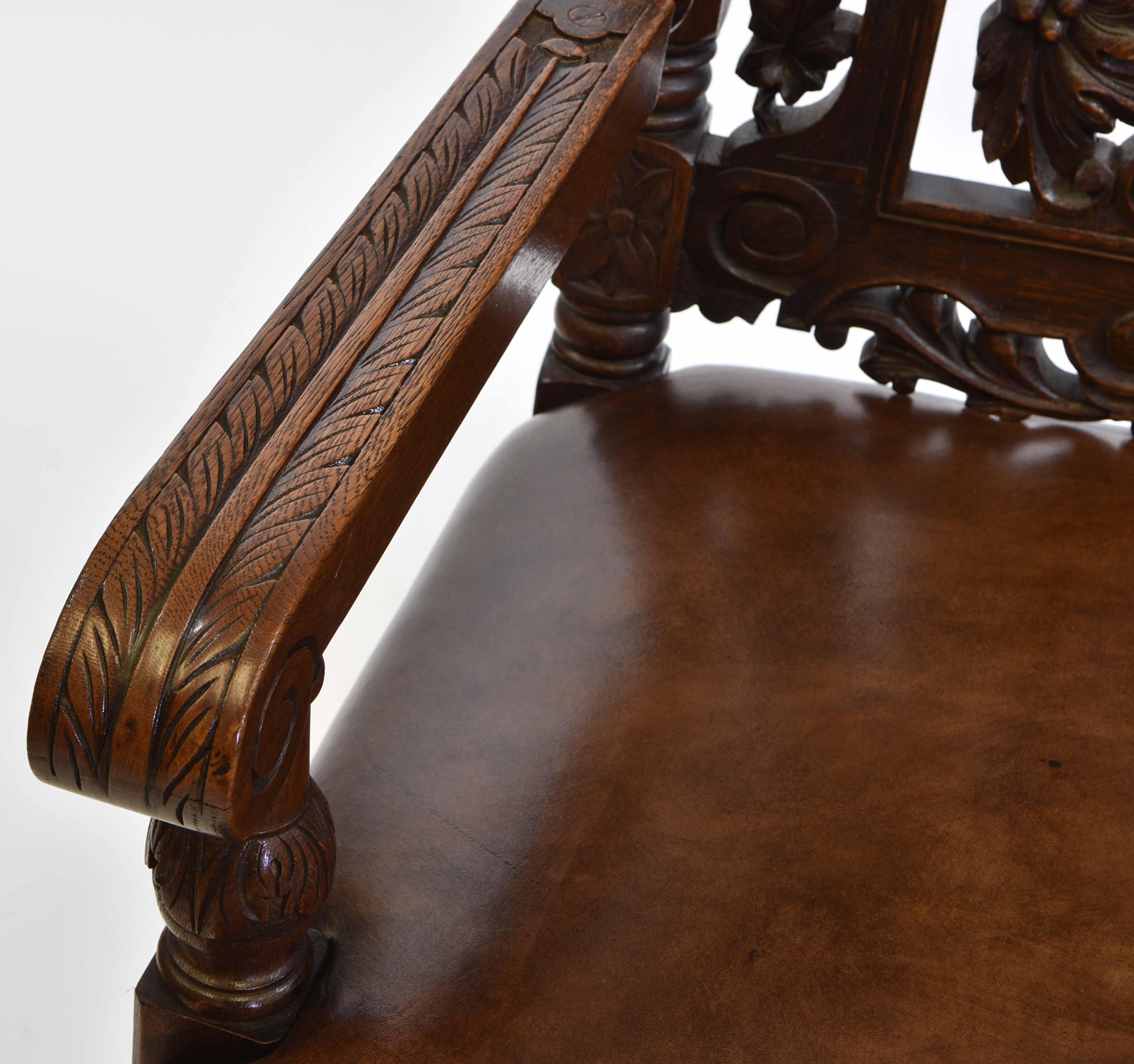 Exceptional Set Of 8 English Antique Carved Oak Hand Dyed Leather Dining Chairs 6