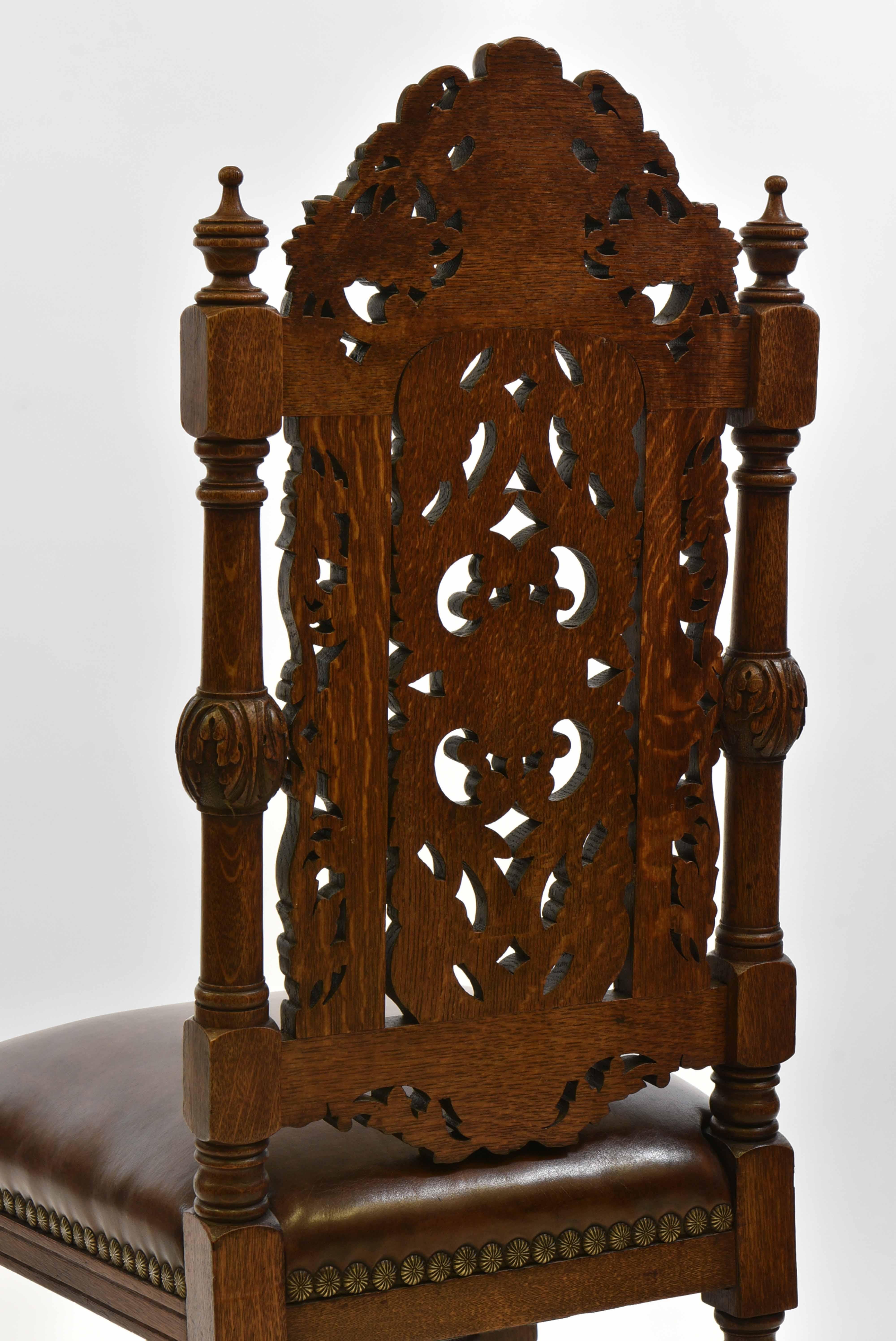 Exceptional Set Of 8 English Antique Carved Oak Hand Dyed Leather Dining Chairs For Sale 8