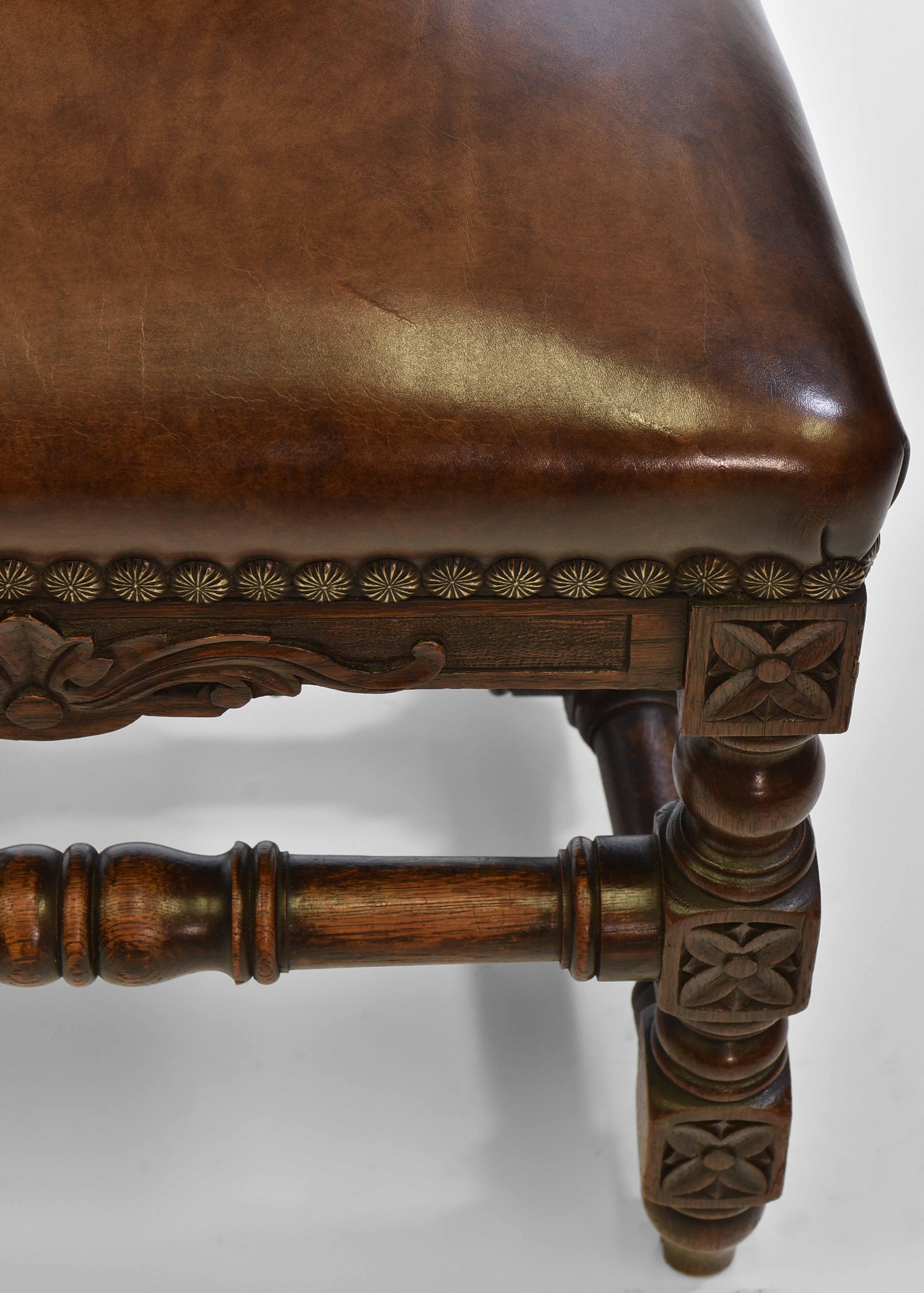 Exceptional Set Of 8 English Antique Carved Oak Hand Dyed Leather Dining Chairs For Sale 9