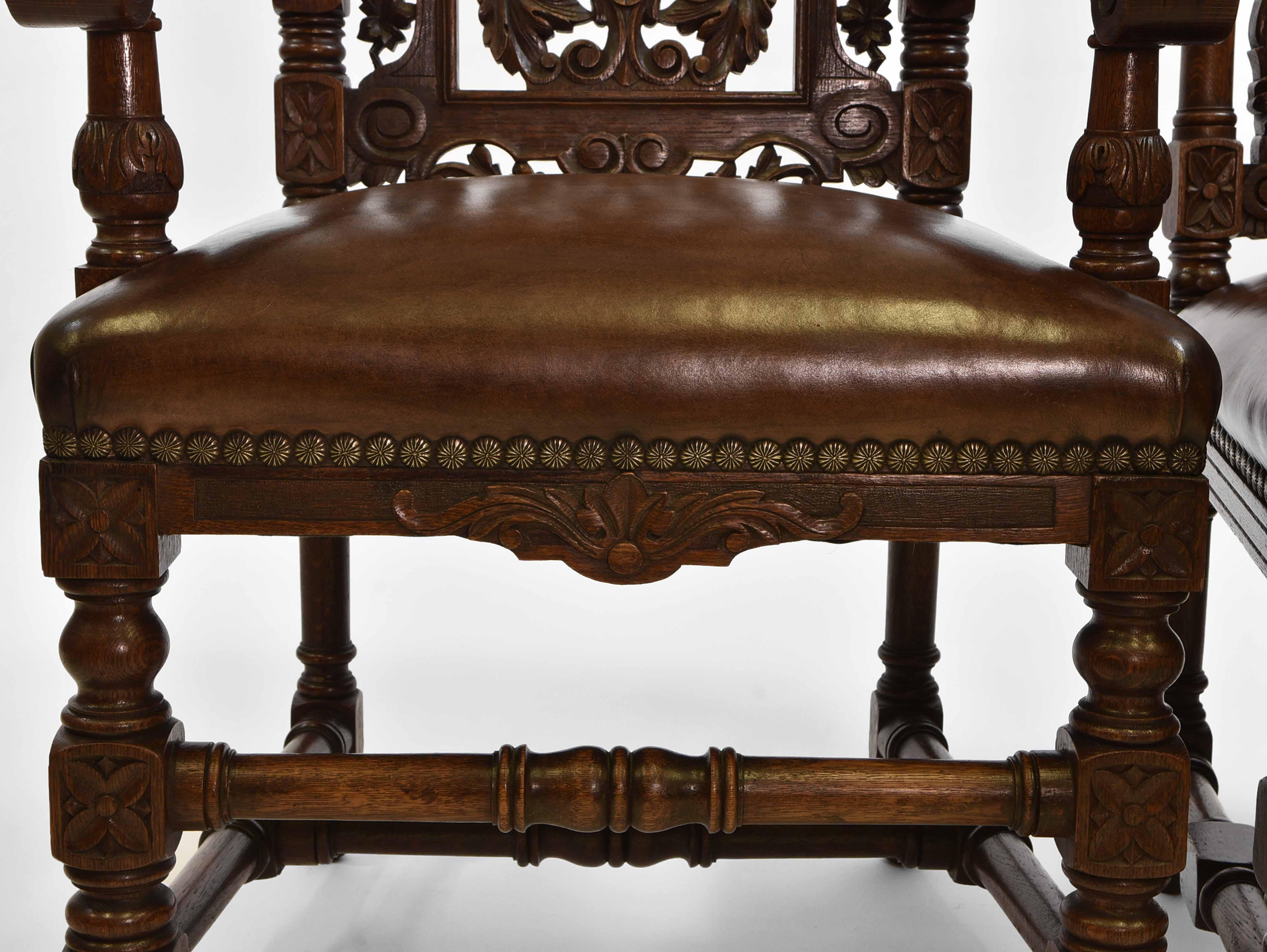 Exceptional Set Of 8 English Antique Carved Oak Hand Dyed Leather Dining Chairs For Sale 10
