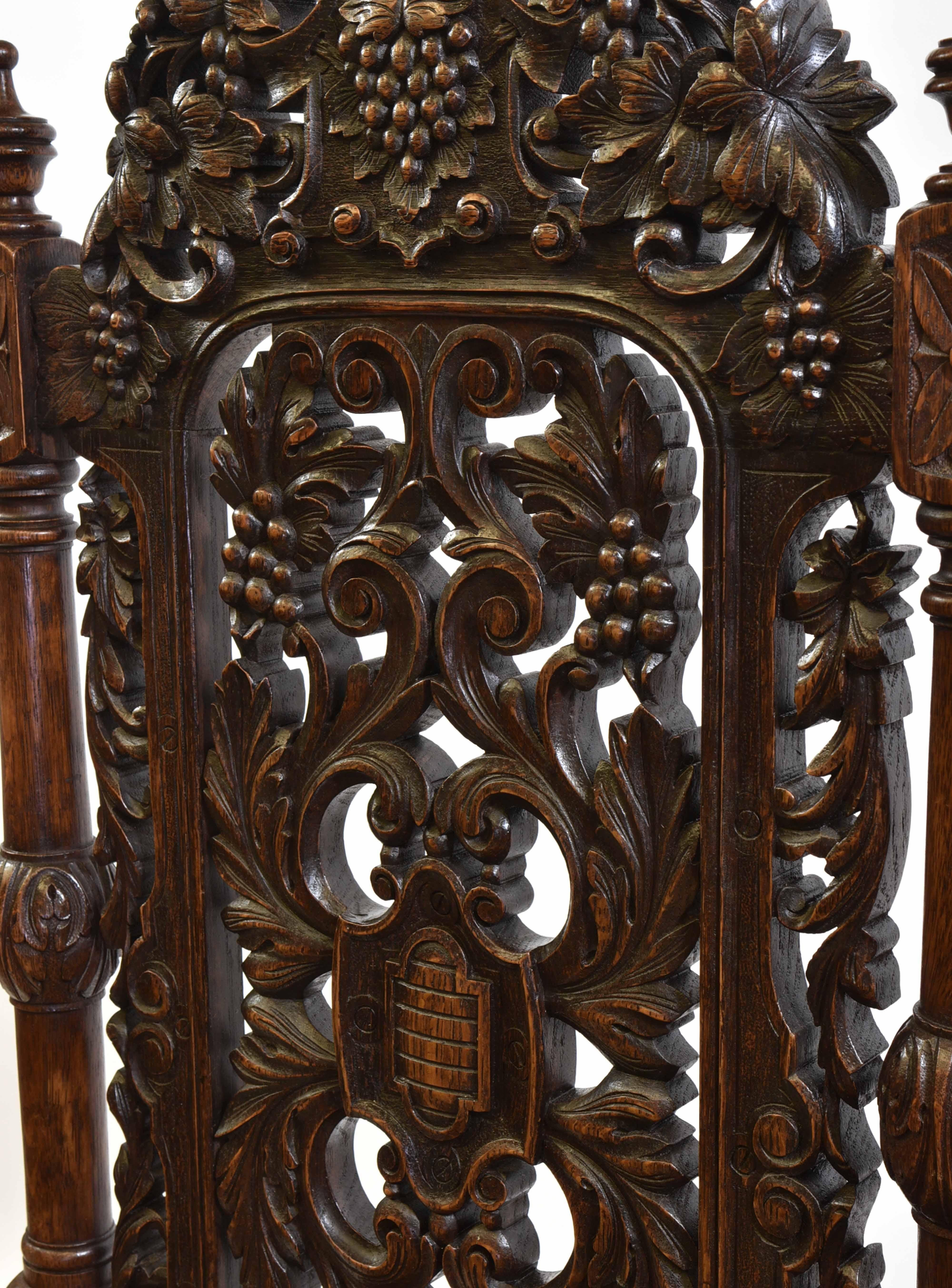 Exceptional Set Of 8 English Antique Carved Oak Hand Dyed Leather Dining Chairs For Sale 11