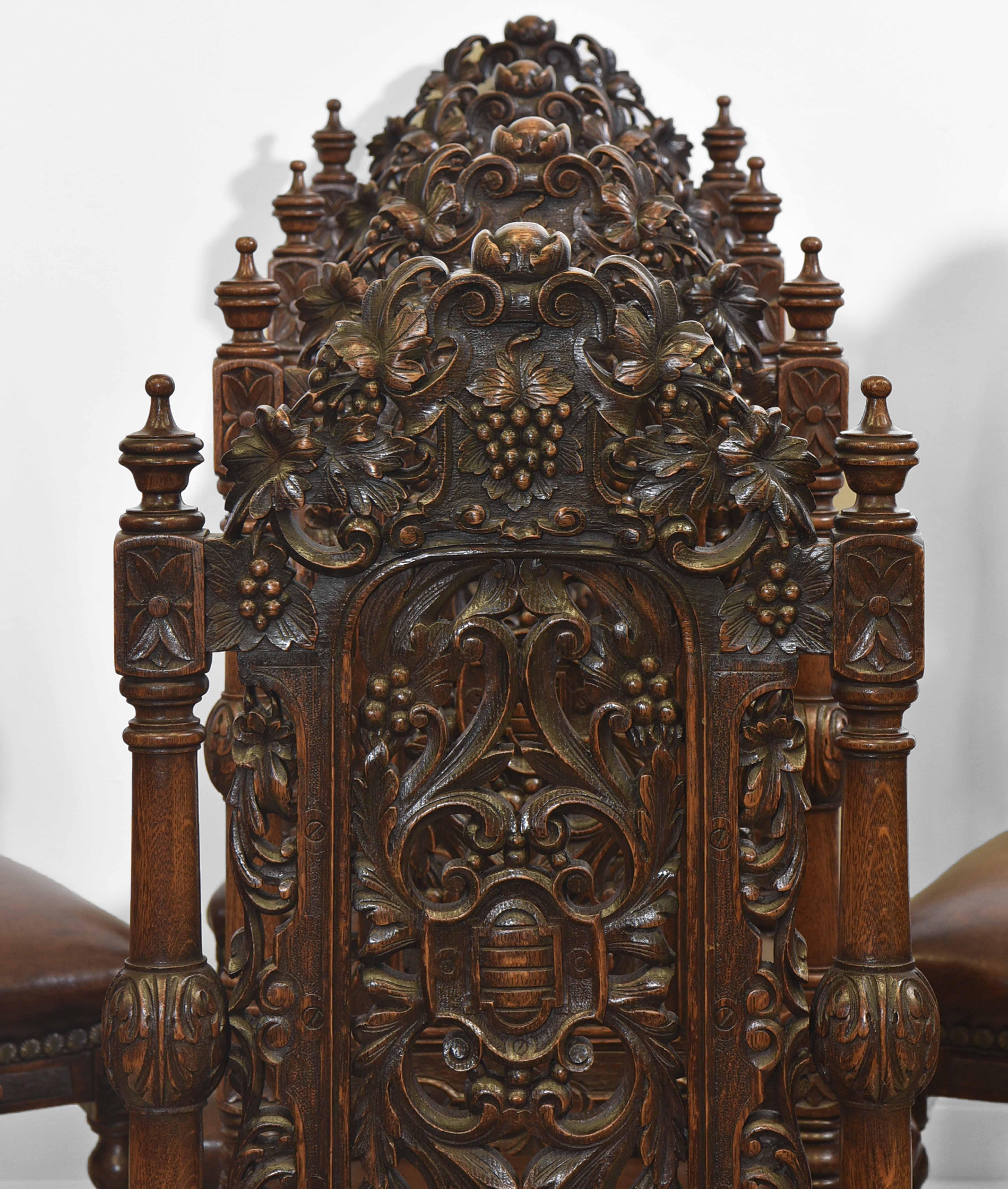 Hand-Carved Exceptional Set Of 8 English Antique Carved Oak Hand Dyed Leather Dining Chairs
