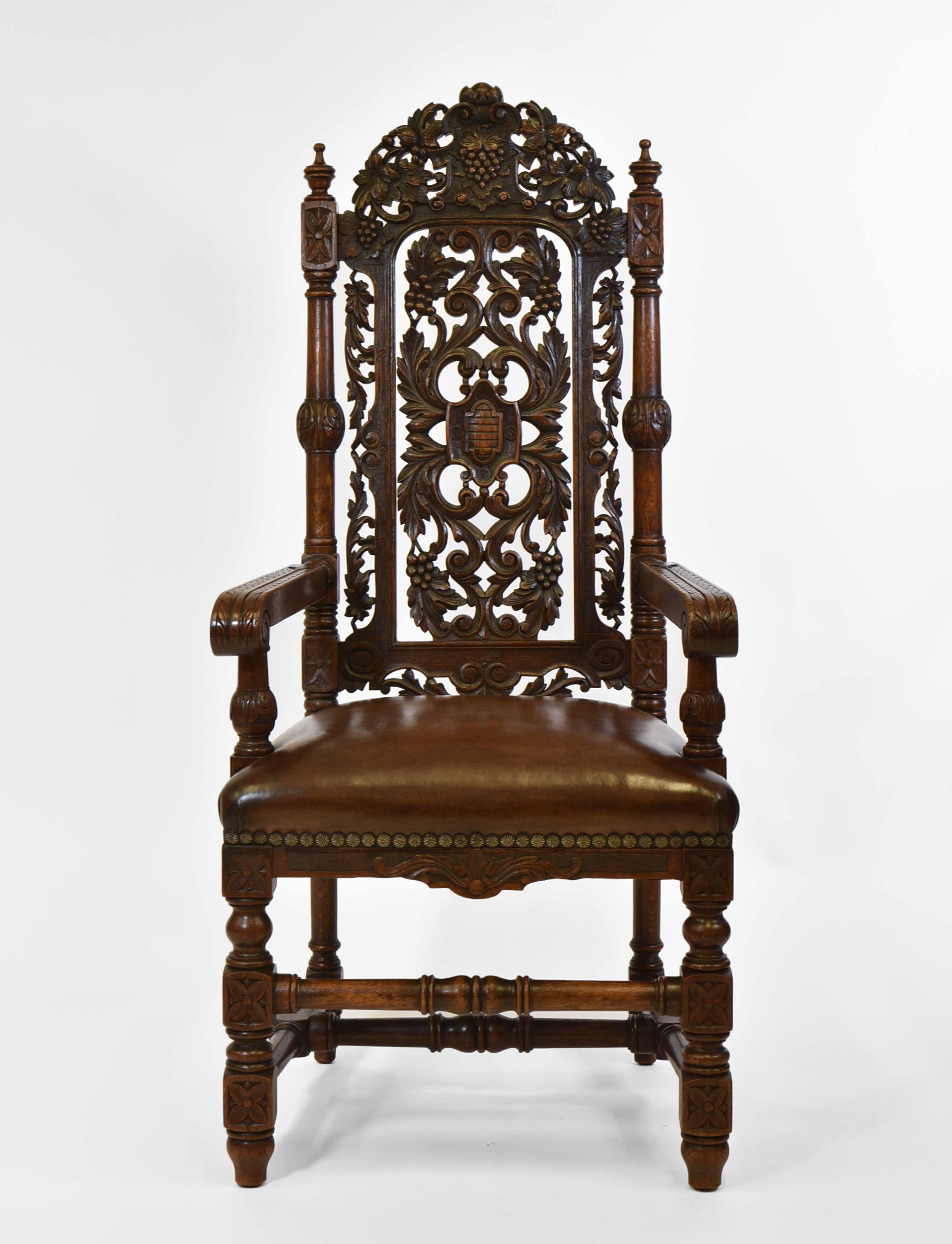 Exceptional Set Of 8 English Antique Carved Oak Hand Dyed Leather Dining Chairs In Good Condition In Norwich, GB